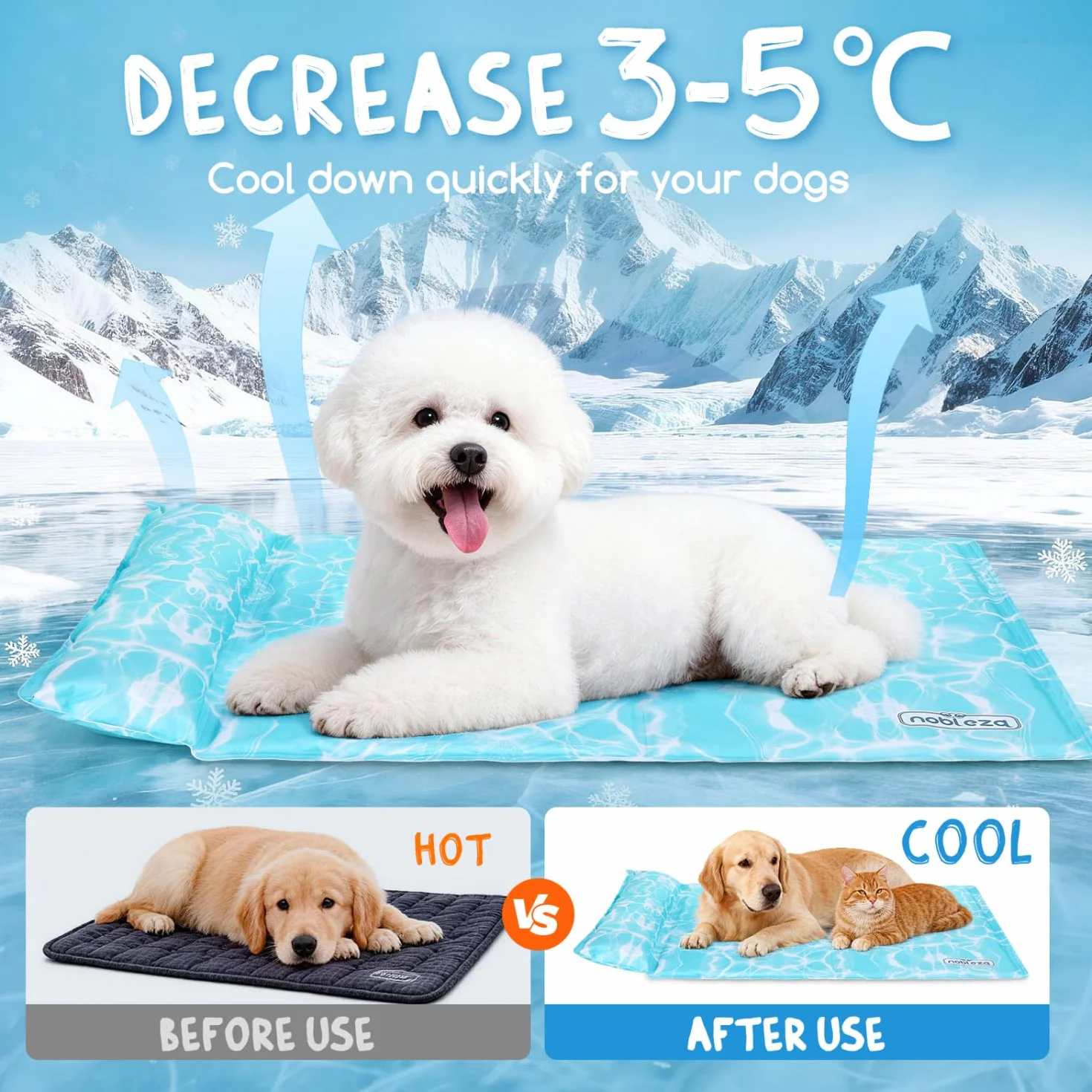 Nobleza Manta Cama Refrescante para Perros y Gatos, Alfombra Refrescante Perro Diseño con 6cm Almohada Cervical Añadida, Gel No Tóxico y Auto-Refrescante, Tela Oxford 300D Resistente, 102x50cm