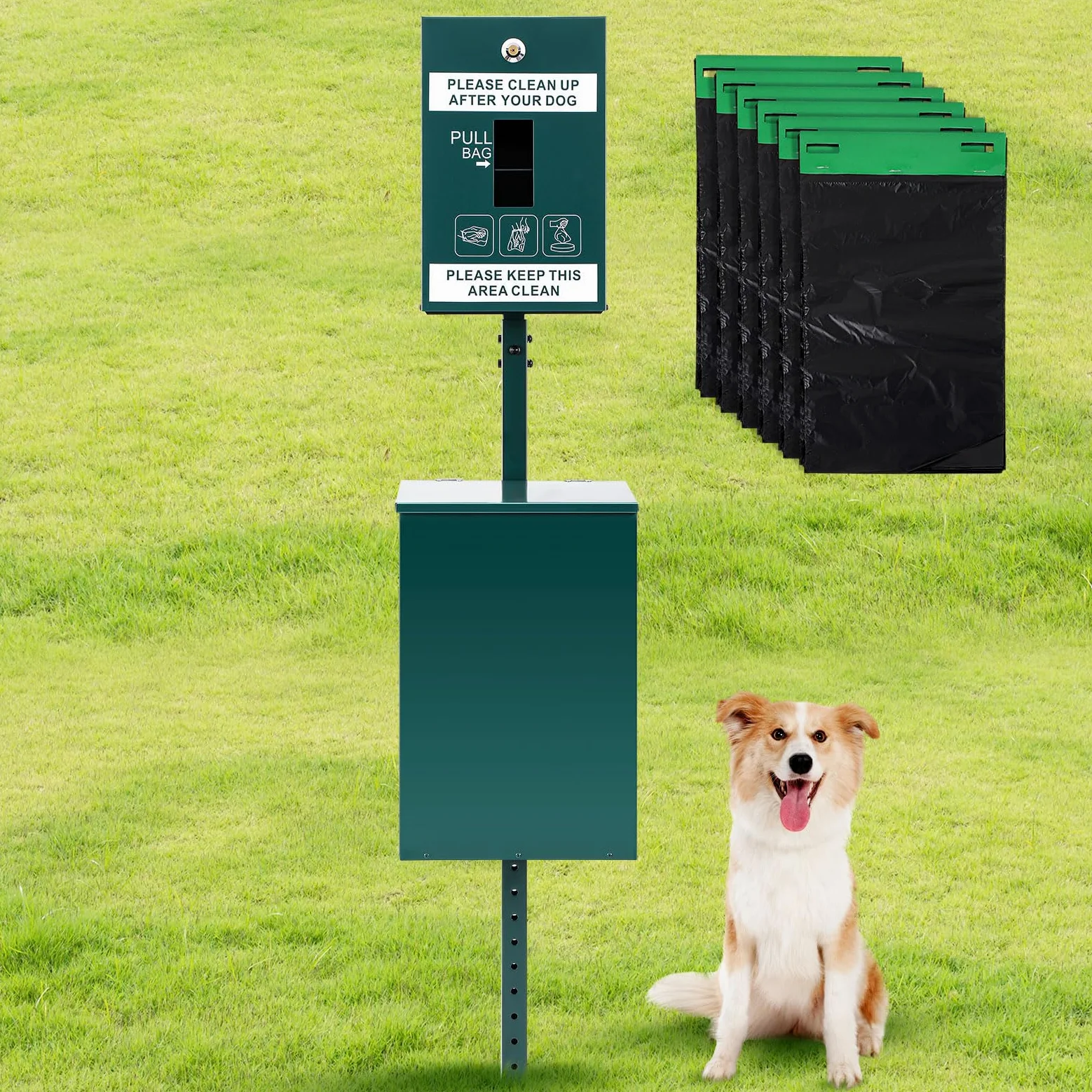 Blulu Estación de residuos para mascotas, cubo de basura de acero galvanizado para perros con dispensador de basura para excrementos y 600 forros de latas, letrero reflectante a prueba de óxido para