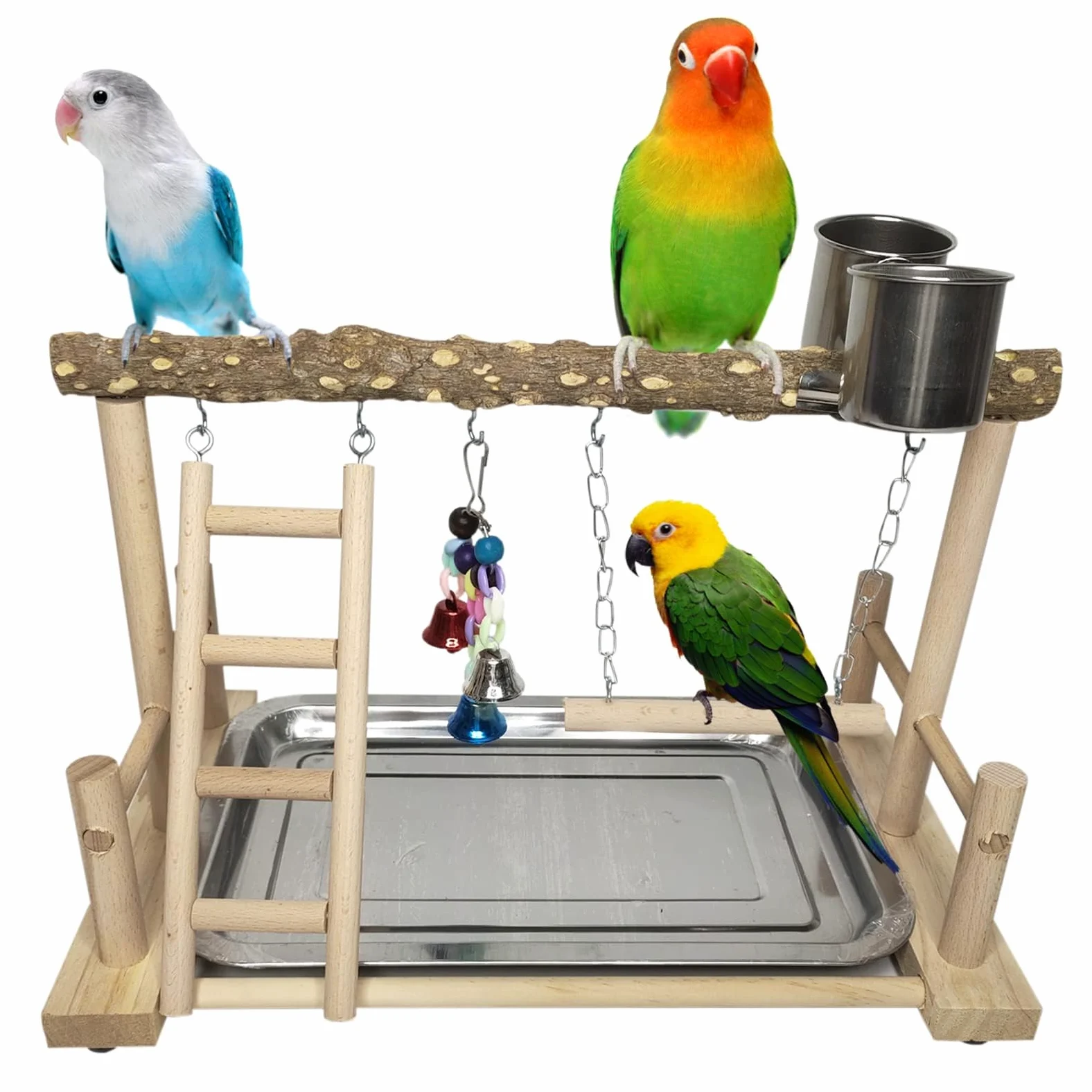 PINVNBY Parque de Juegos para pájaros, Soporte de Madera para Loros, Soporte de Madera para Ejercicio, para Gimnasio, Escalera con Tazas de comedero, Juguetes Colgantes para periquitos, Conure