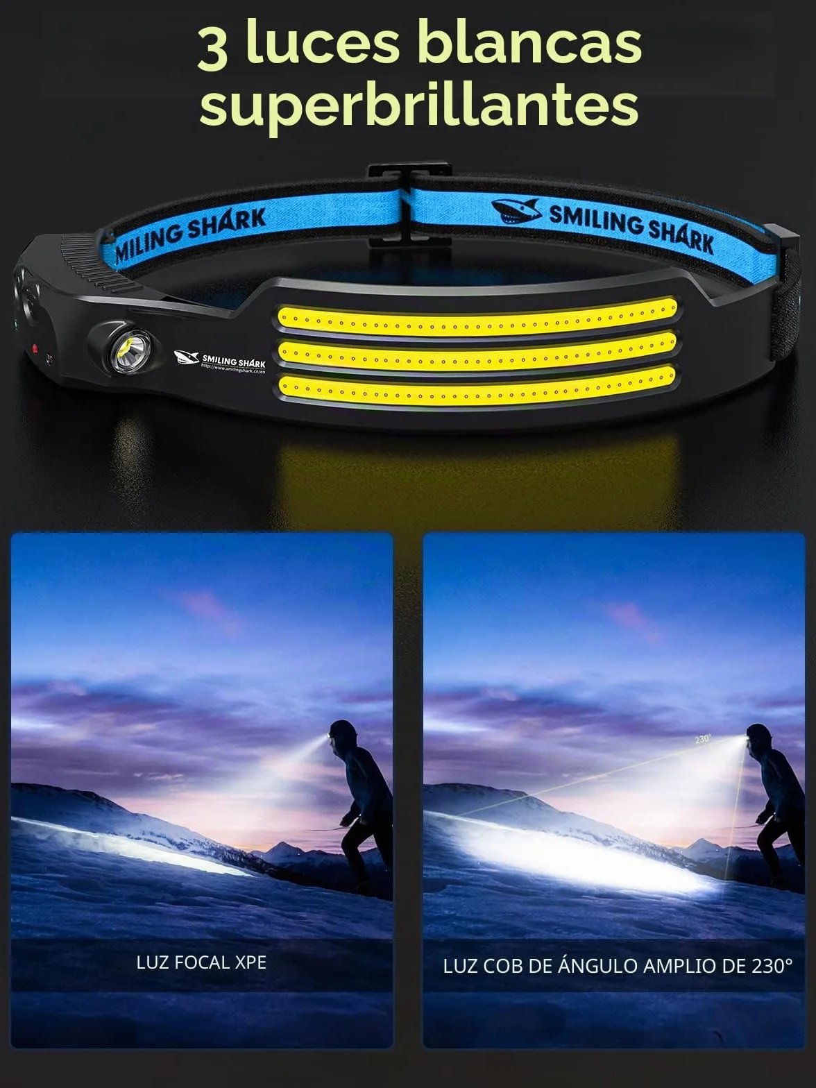 Smiling Shark Linterna Frontal LED 230° Gran Angular Recargable Impermeable con Sensor Movimiento