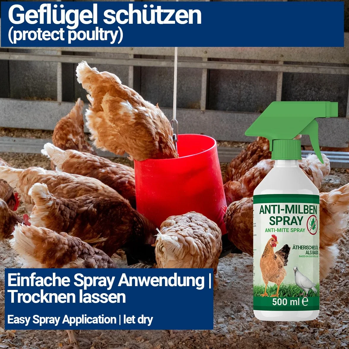 500ml Spray antiácaros para pollos, aves de corral y pájaros - Inmediato y a largo plazo contra ácaros y parásitos, agudo y prevención