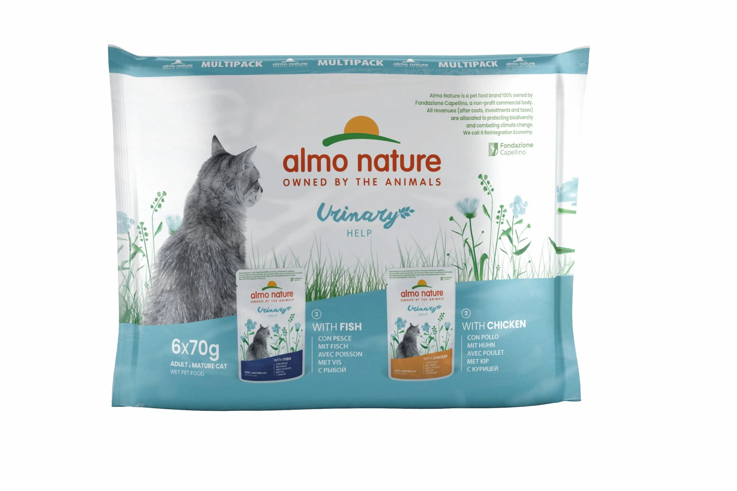 Almo Nature Functional Urinary Help - Comida Húmeda para Gatos Adultos Sabor Pescado y Pollo - Soporte para el Bienestar del Tracto Urinario - 6 Bolsitas de 70g