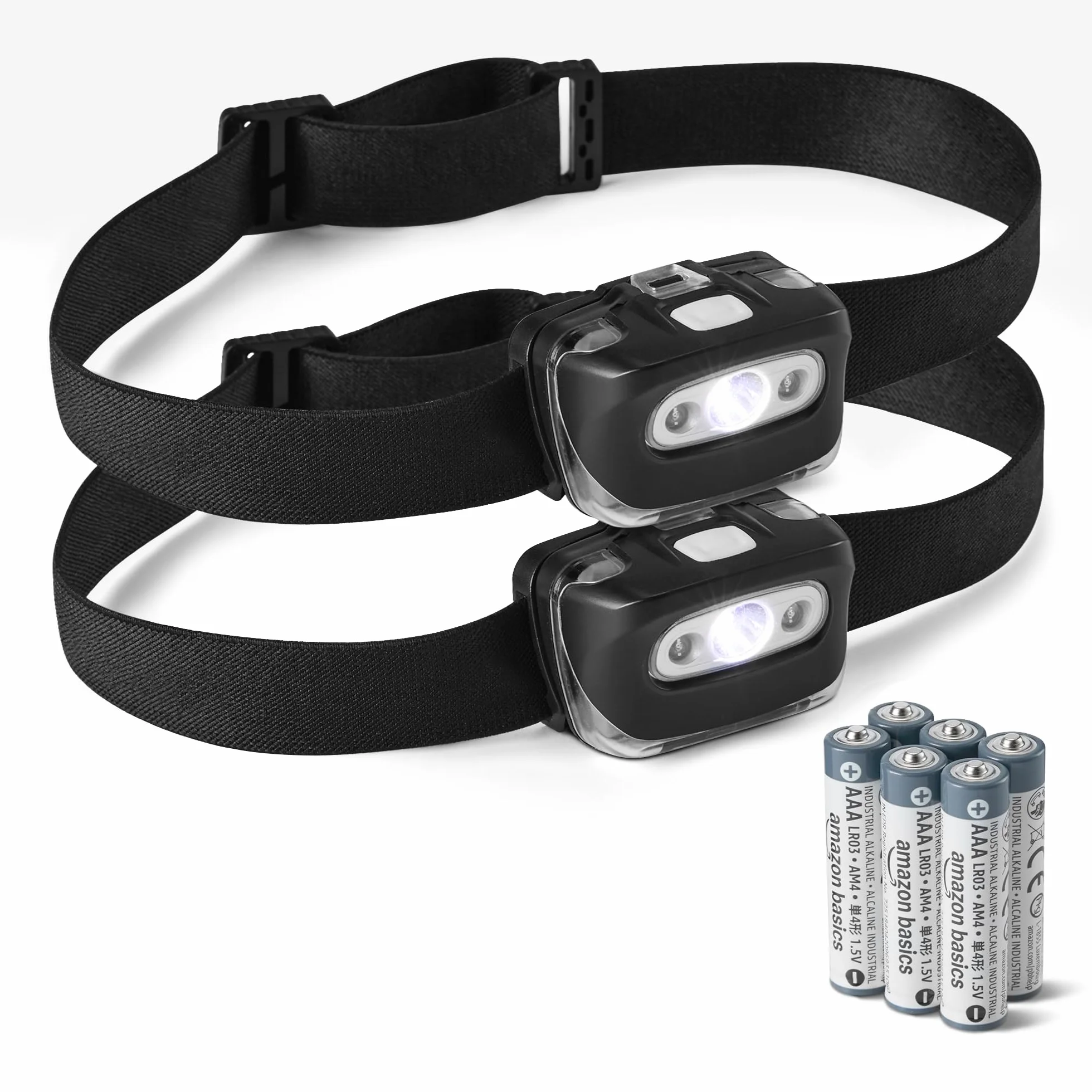 Amazon Basics Linterna Frontal LED 7 Modos de Luz Camping Resistente al Agua Negro Pack de 2