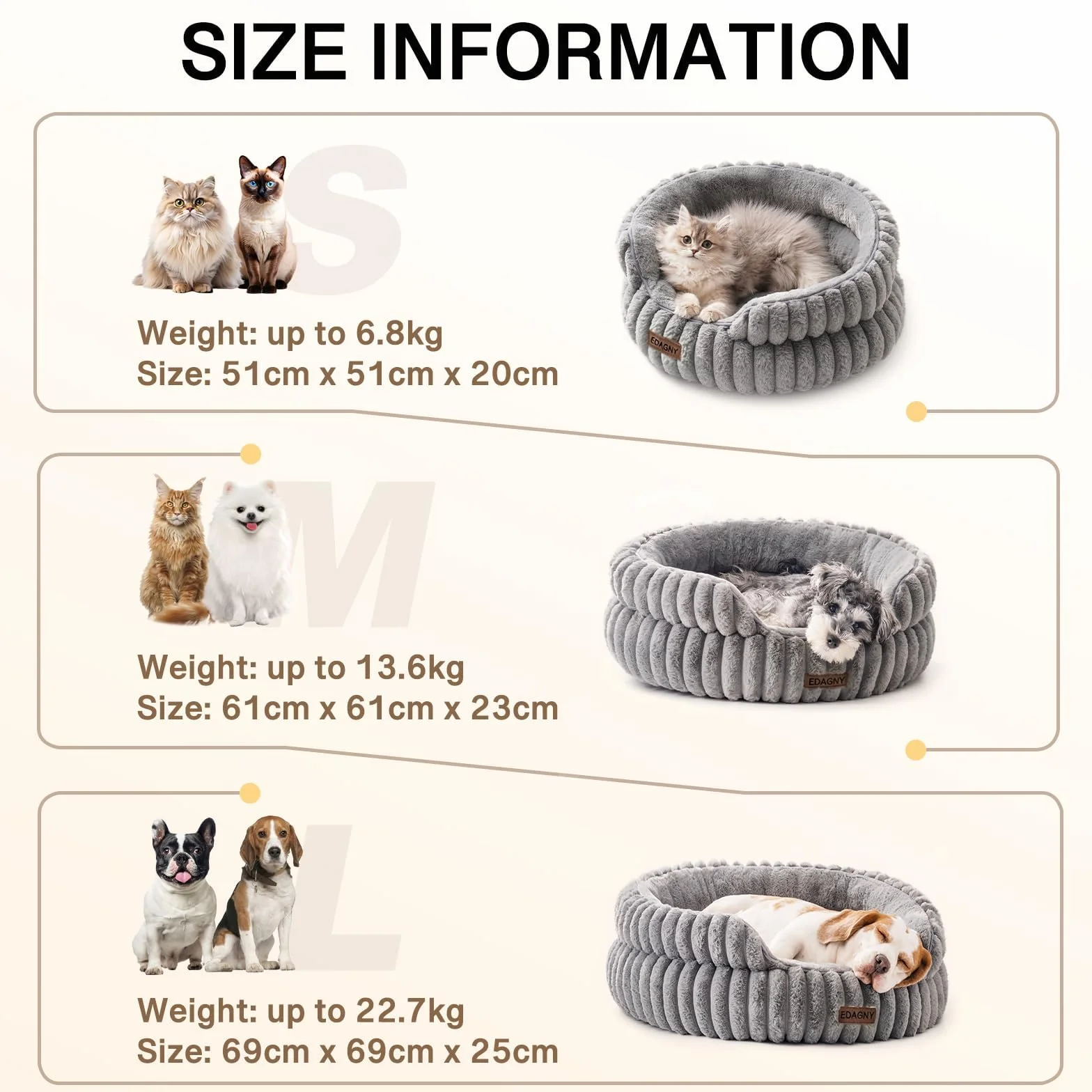 EDAGNY Elegantes Camas para Gatos Camas Perros - Redonda Suave Cama para Perros Pequeños y Medianos Perro, Lavable Calmante Cama para Mascotas (Gris, 51cm x 51cm x 20cm)