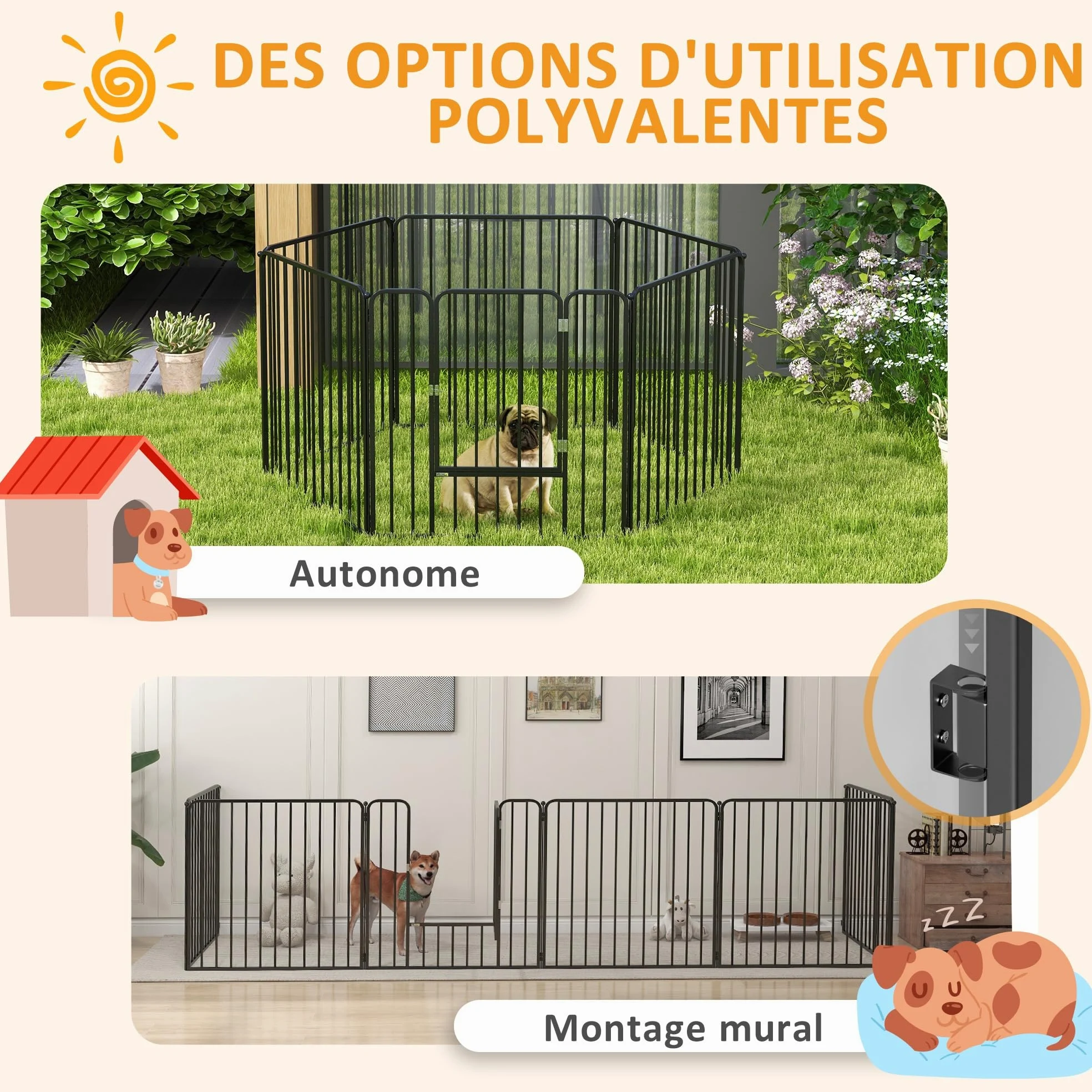 PawHut Parque modular para perros y cachorros con 1 puerta 80x80 cm Negro | Valla, 6 paneles, Parque de acero para juego y ejercicio para perros, cachorros, mascotas, altura 80 cm