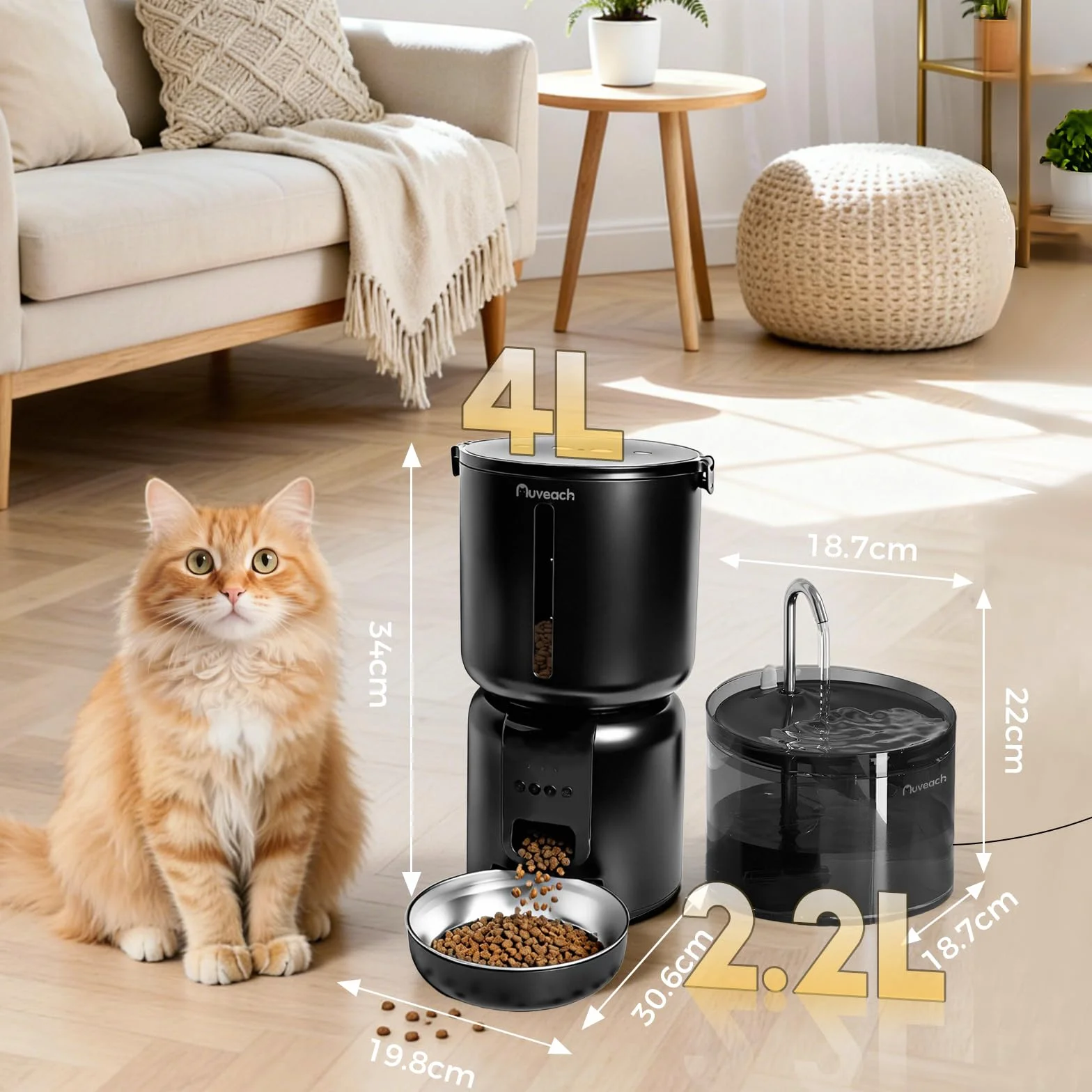 Comedero Gato Automatico y Fuente para Gatos Set - 4L WiFi 2.4G Dispensador de Comida para Gatos Perros con Temporizador Programable, 1-10 Comidas al Día, Cuenco de Acero Inoxidable (Negro)
