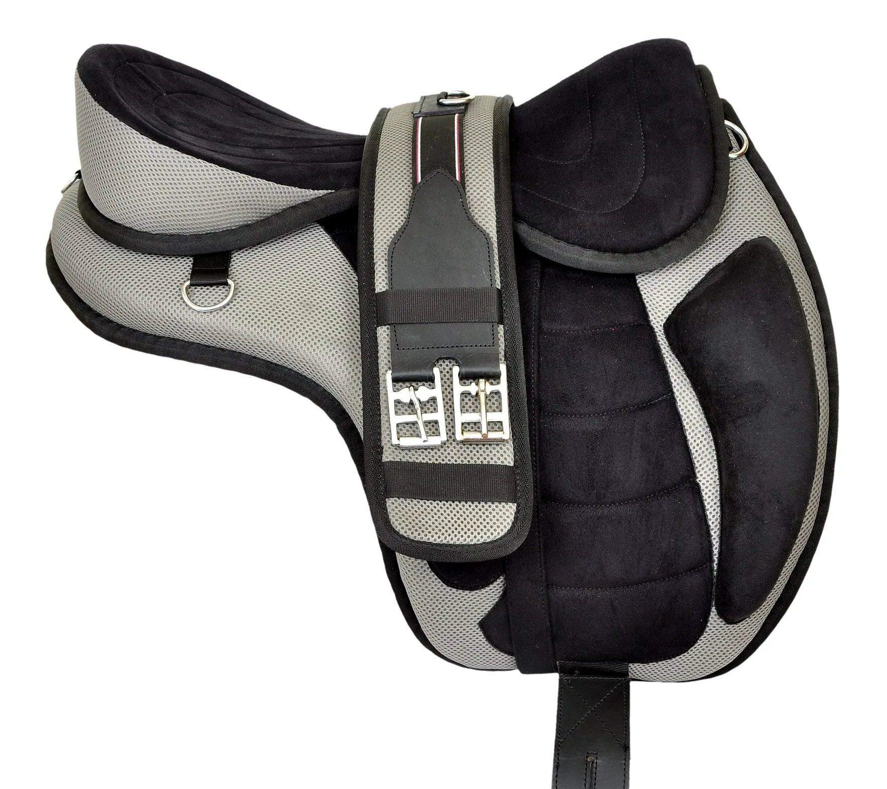 EU Equestrian Universe - Sillín de caballo sintético sin árboles Freemax Western tamaño obtener una circunferencia a juego y un juego de estribo de aluminio