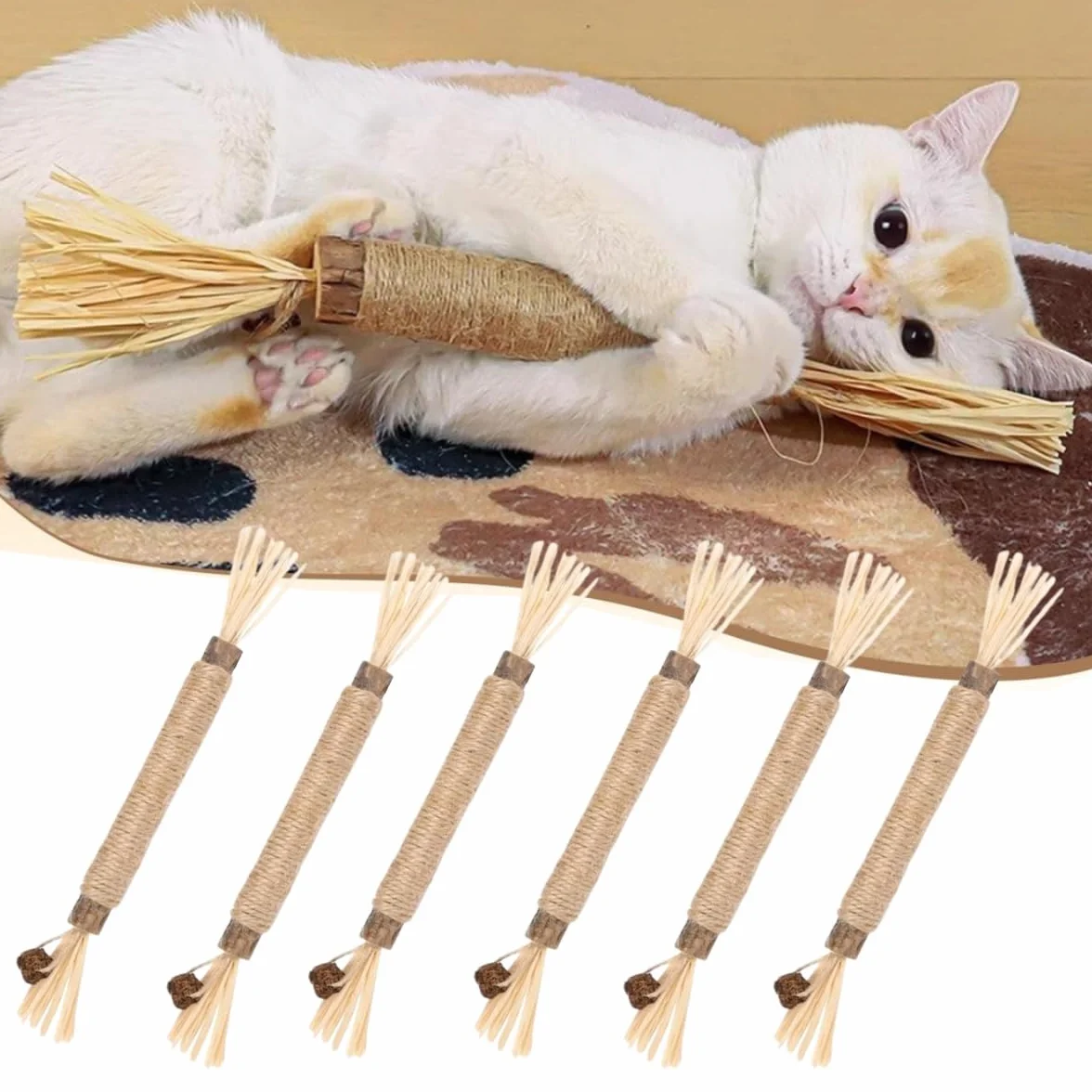 Juguetes para Masticar para Gatos,6 Piezas Palitos Masticables Naturales,para Limpieza Dental e Higiene Bucal,Juguetes Interactivos para Gatitos y Gatos Adultos