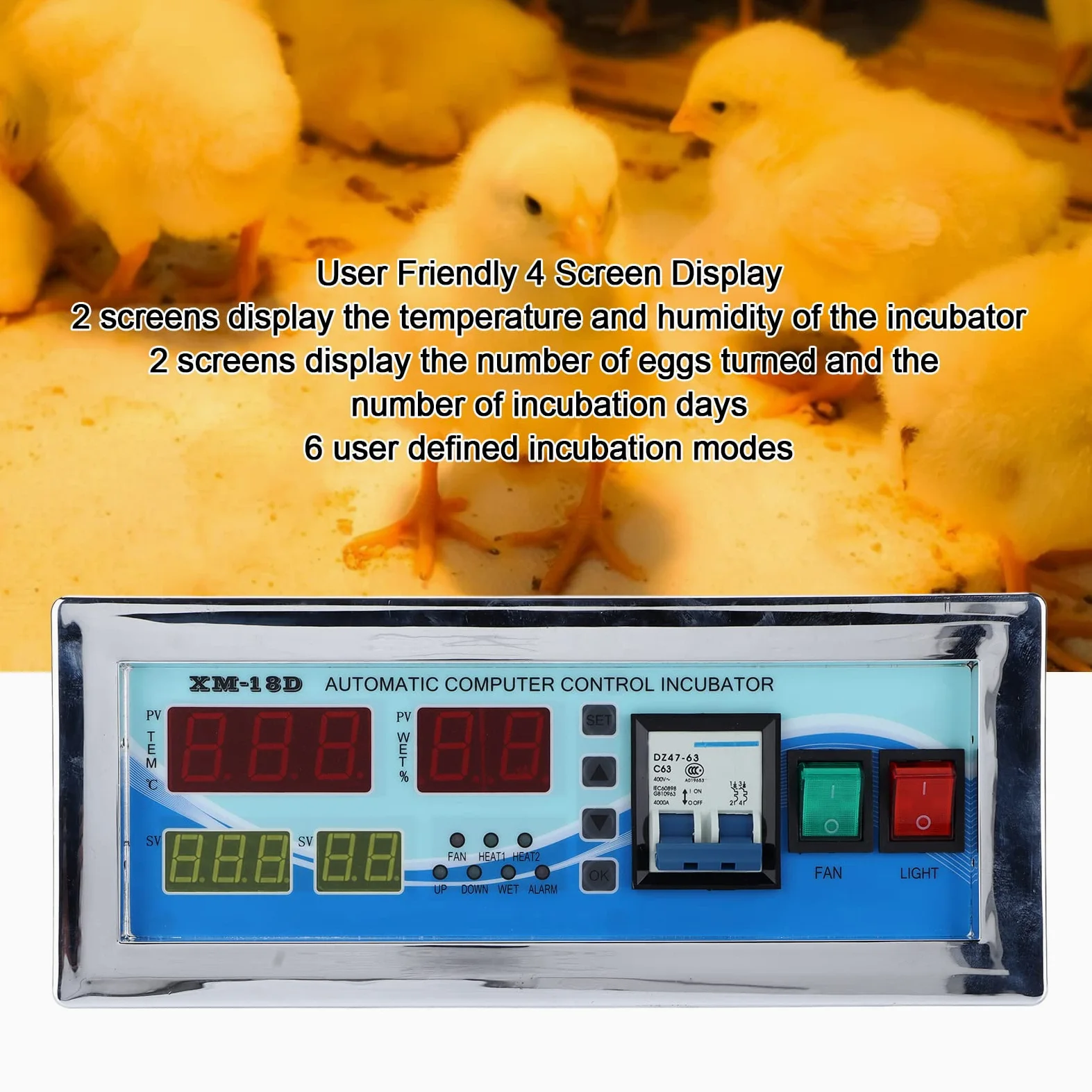 Regulador de incubación de huevos Termostato automático de temperatura y humedad Máquina de extinción con sensor de alta precisión para pollo, pato, ganso, codorniz, palomas, pavo real, plástico 29,2
