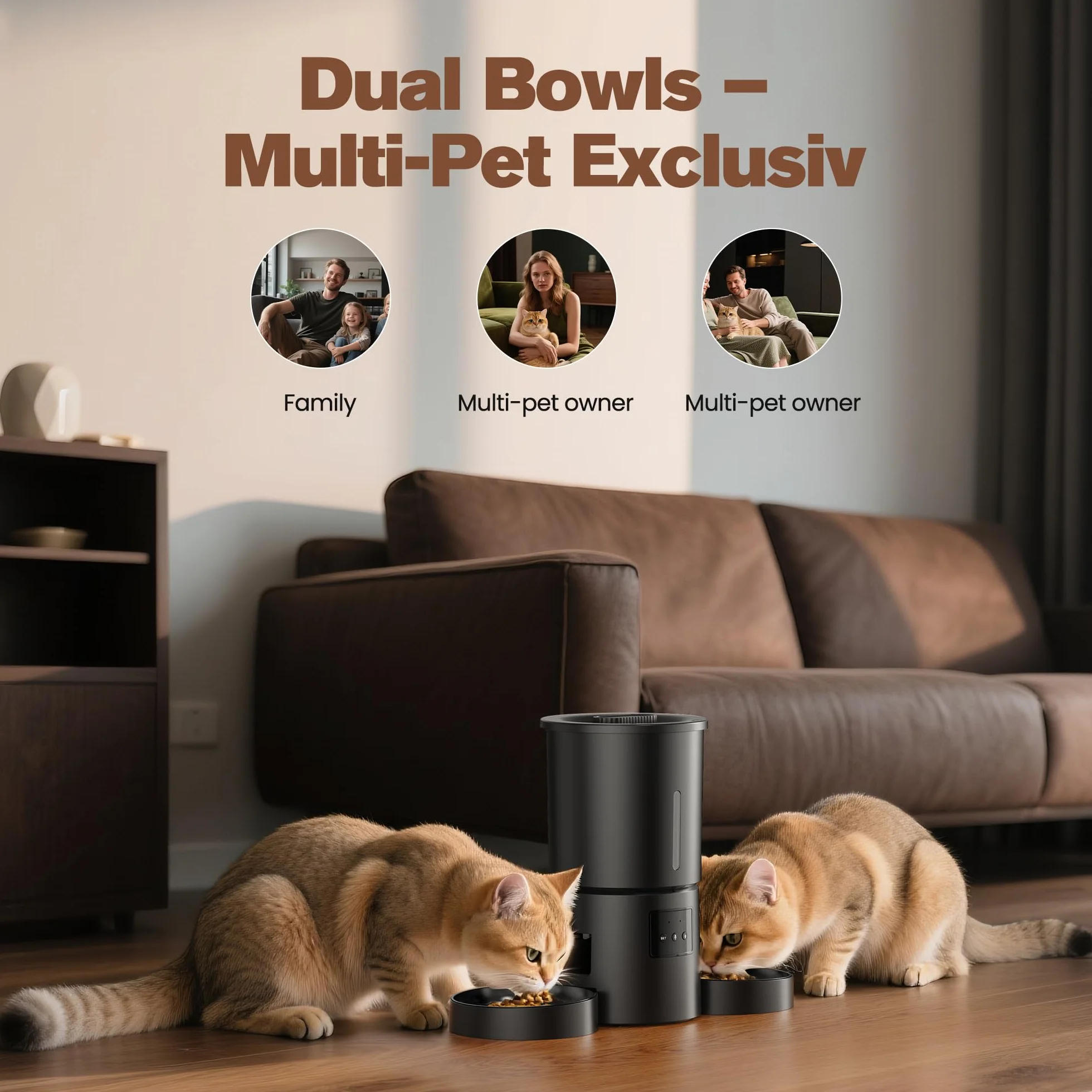 Comedero Gato Automático Doble & App: Dispensador Automático de 5L con WiFi 2.4G y Temporizador para Comida Seca - Diseño de Comedero Doble AONBOY para Múltiples Gatos y Perros - Negro