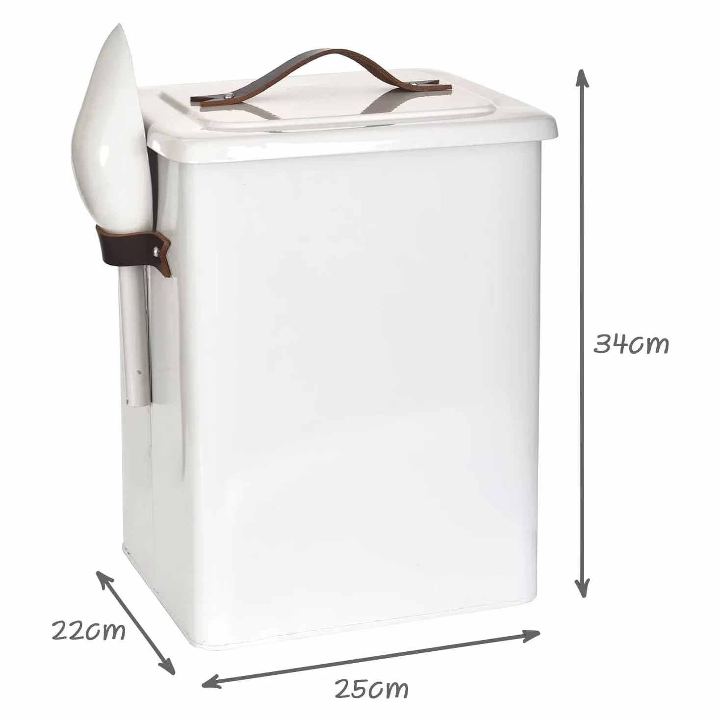 CKB LTD Caja de almacenamiento de alimentos para mascotas mediana con cuchara para perros y gatos y animales de metal, con tapa sellada, mango de cuero, hecho de acero de giza, 7 kg: 34 x 25 x 19 cm