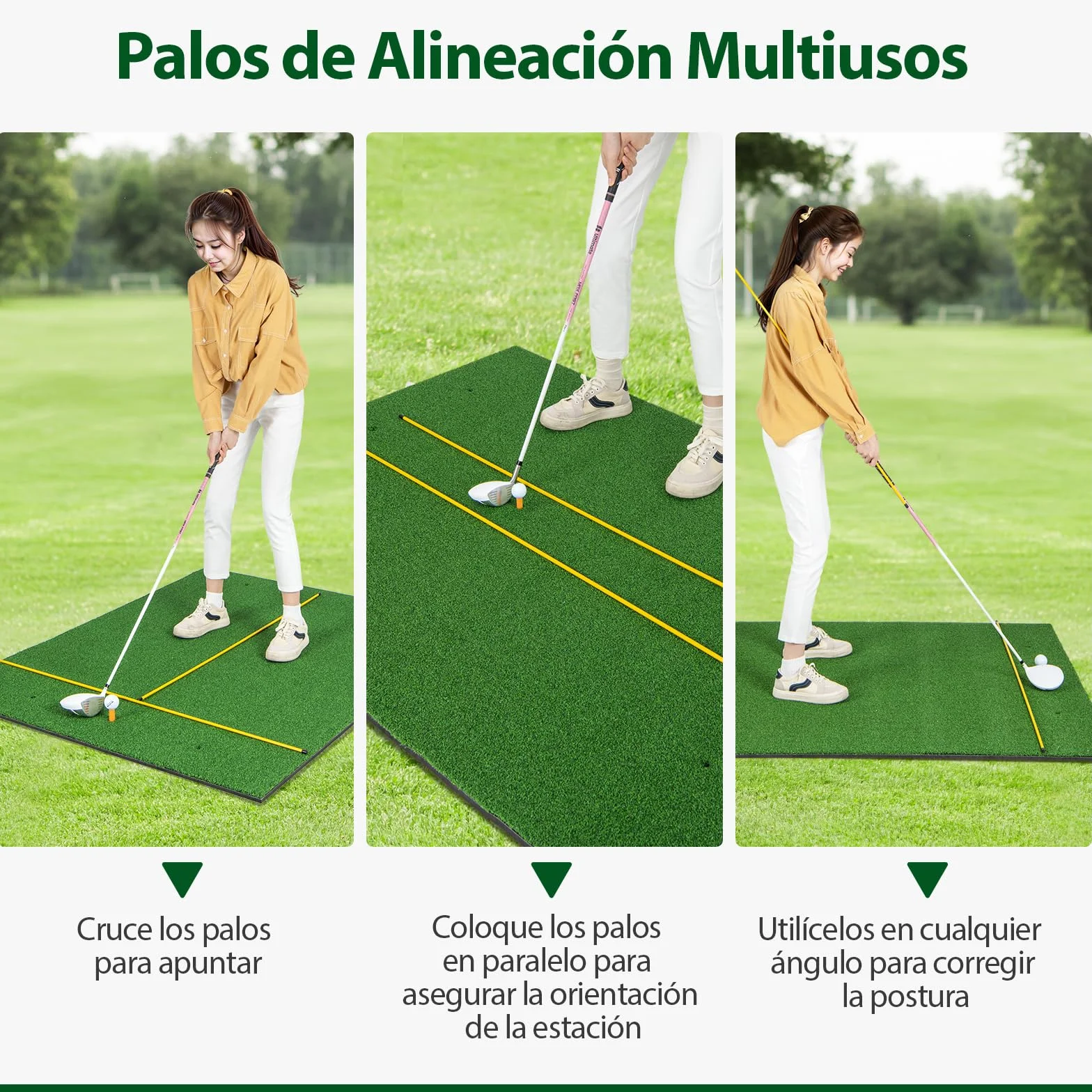 GYMAX Alfombrilla de Golf para Golpear Pelotas, Tapete de Césped Artificial para Práctica de Golf Interior y Exterior con 2 Tees de Goma y 2 Palos de Alineación