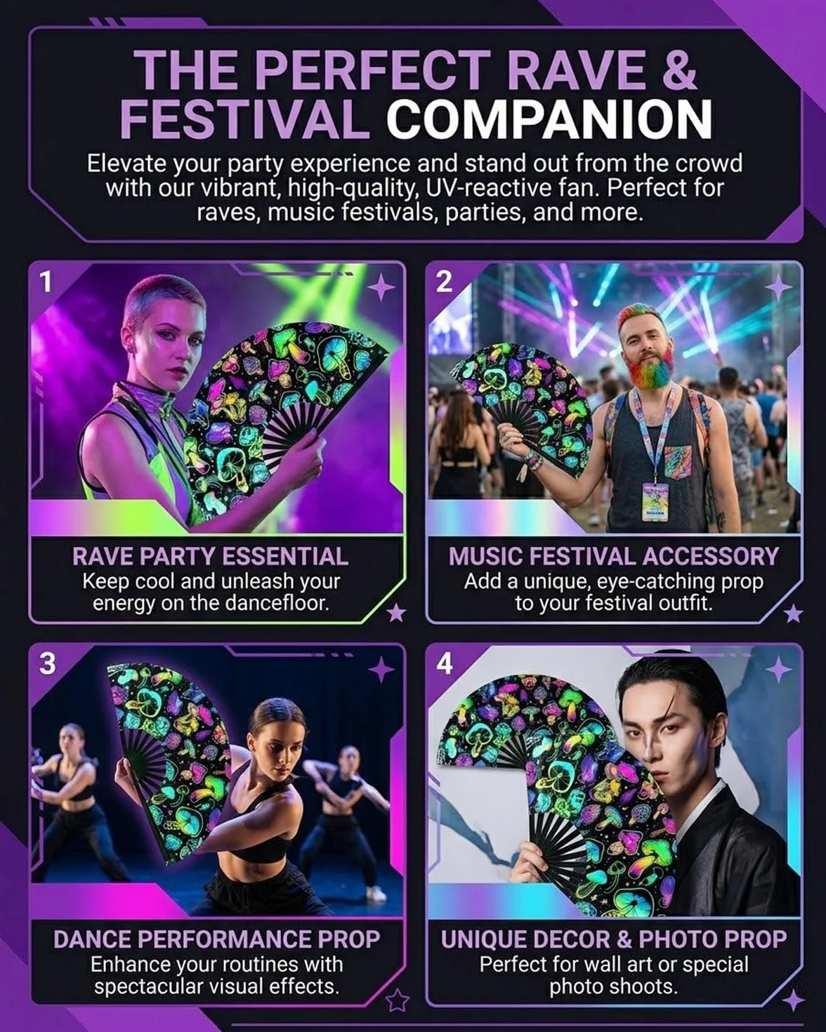 Abanico Plegable Glow Rave de Mano Grande para Bailar, Fiestas, Festivales