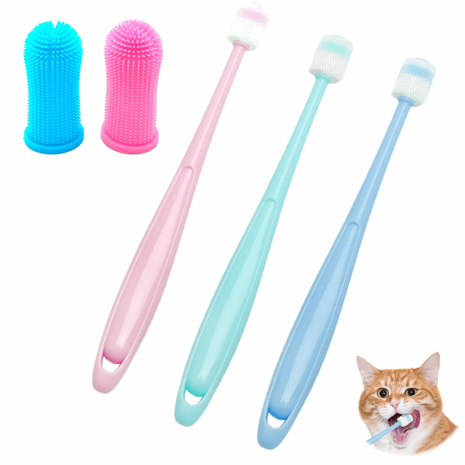 Juego de Cepillo de Dientes para Gatos – 3 Cepillos de Dientes + 2 Cepillos de 360 Grados, Silicona Suave, Reutilizable, para Perros y Gatos