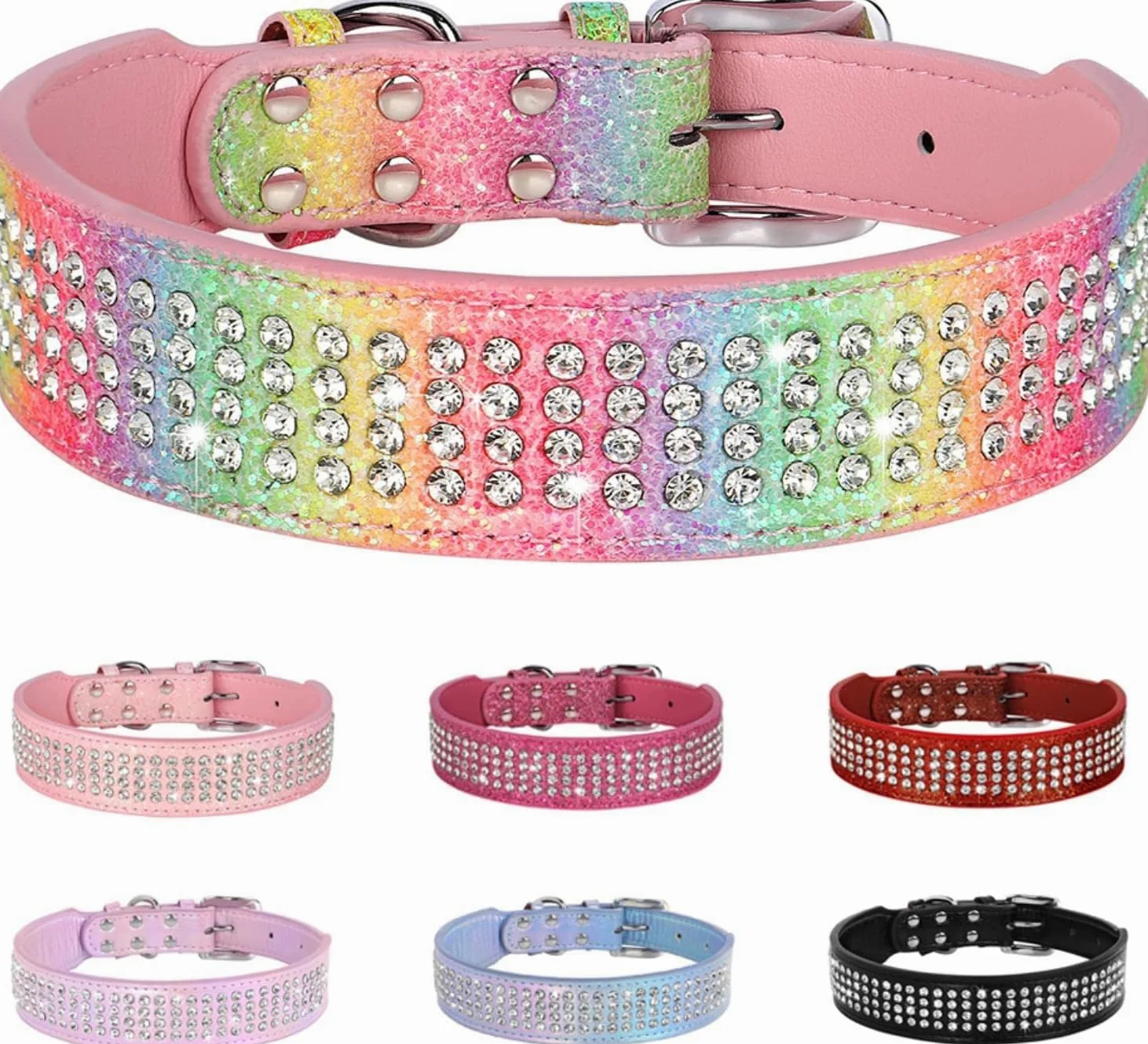 Collar Ancho de Cuero con Diamantes y Brillantes for Perros medianos Grandes, Estilo Bulldog francés(Red,XL)