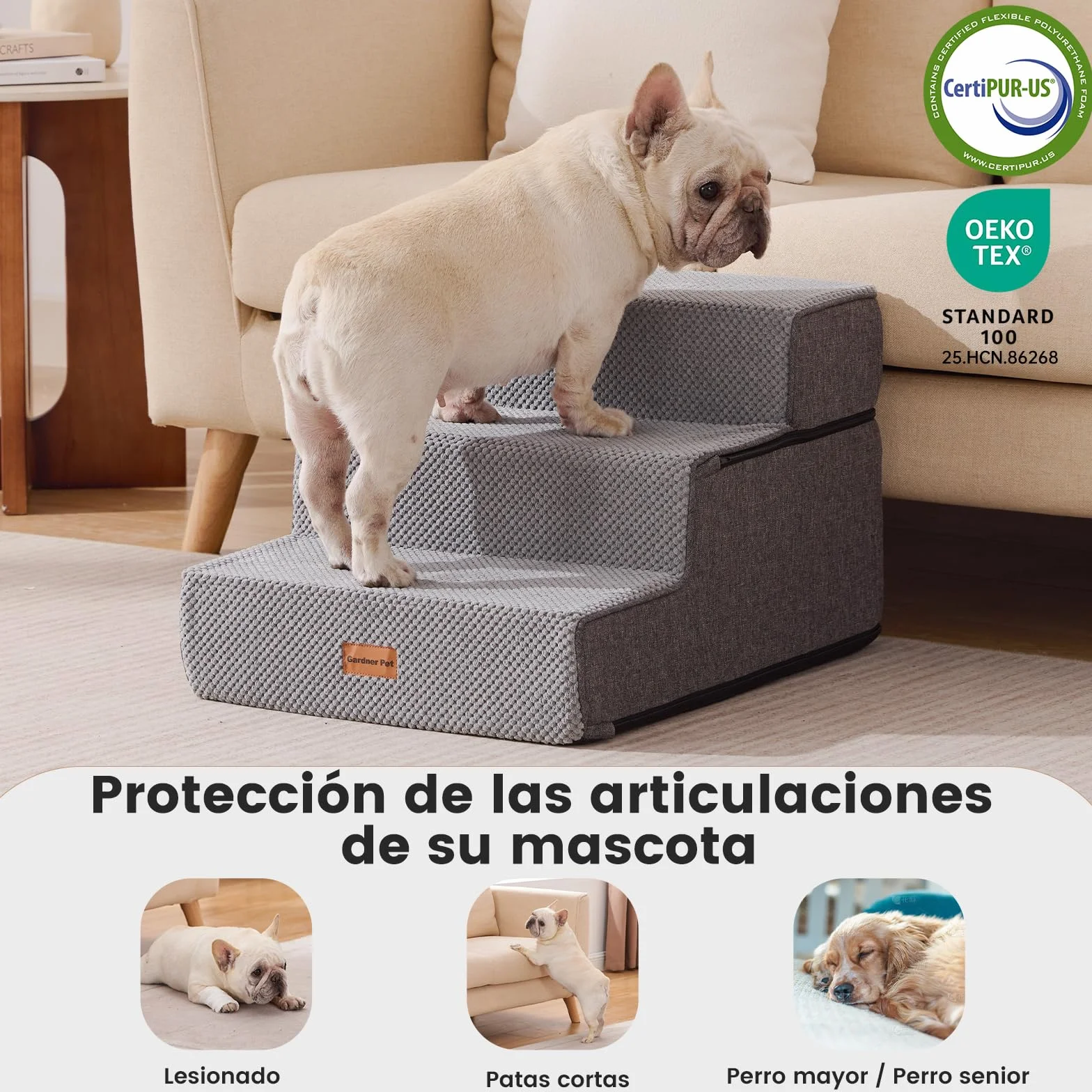 Gardner Pet Escalera para Perros Grade 3 de Espuma de Alta Densidad, 58 cm de Ancho, con Funda extraíble, Antideslizante, facilita el Acceso de Las Mascotas a sofás y Camas - Gris