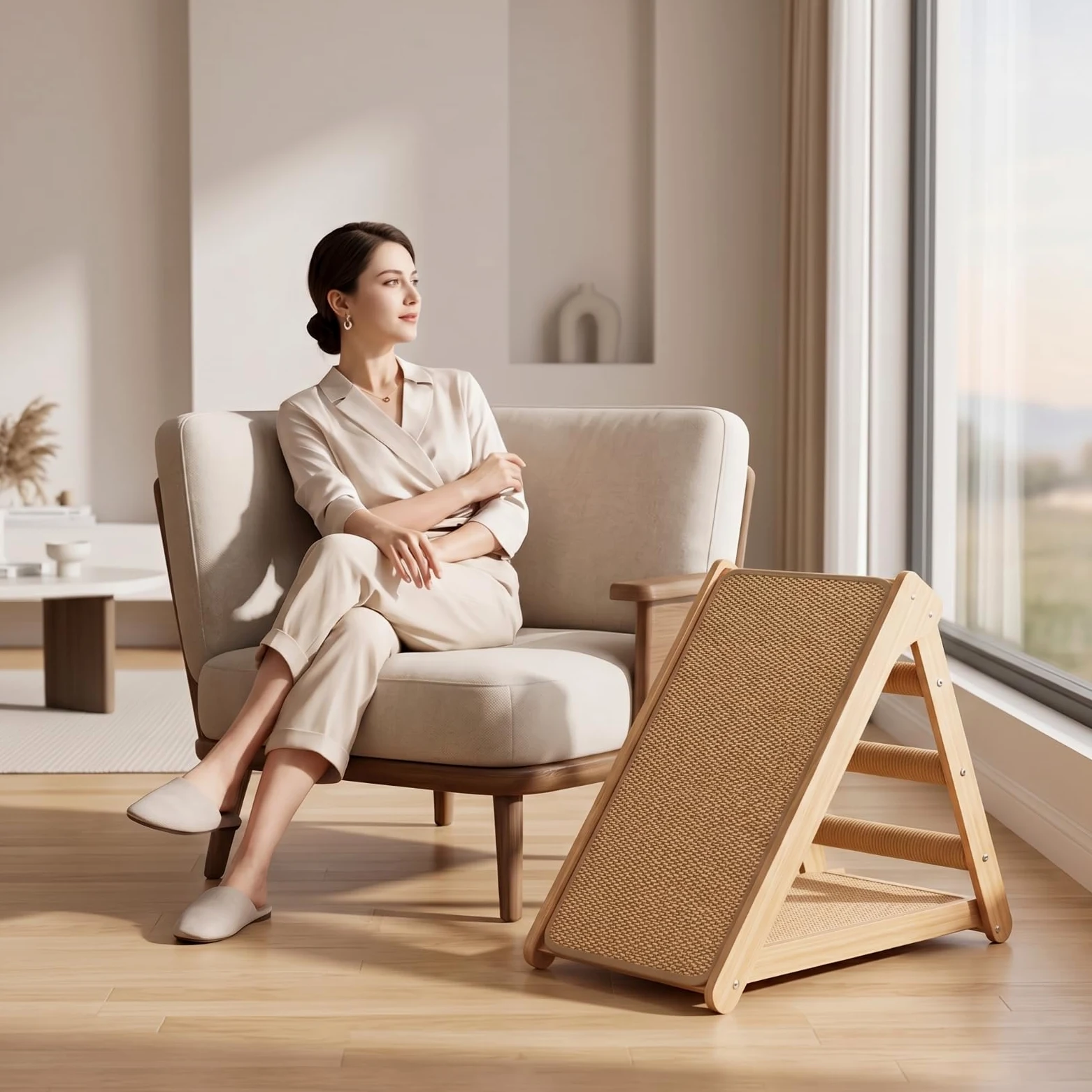 rockible Rascador con Rampa Sisal Seguro Escalador Vertical Mueble para s, 52cm X 60cm X 32cm, Rascador De Madera Maciza con Plataforma De Salto, 60cm X 32cm X 52cm