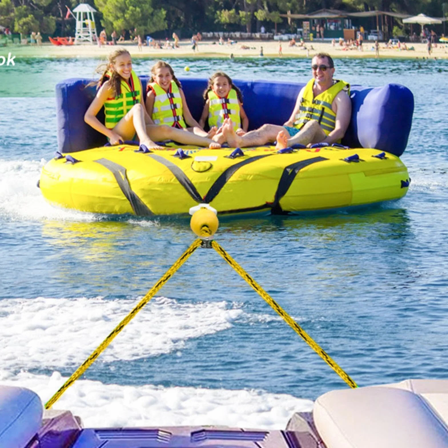 Cuerda Remolque para Tubing Y Cable Arrastre 4 Usuarios Gancho Polea Giratoria 360° Flotadores Inflables Deportes Acuáticos