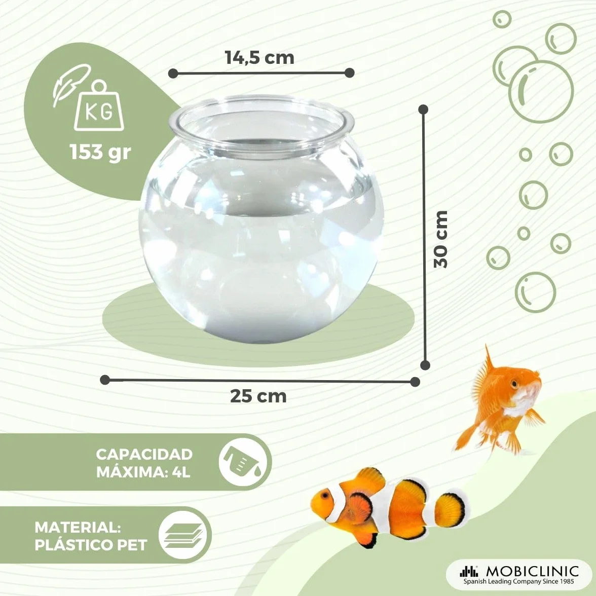 Mobiclinic® Pets, Pecera pequeña, Nemo, 4 litros, Plástico Pet Eco, Redonda, Diseño Transparente, 20x20x17, 5cm, Fácil Limpieza, Resistente, Ideal para decoración del hogar, Hierbas acuáticas