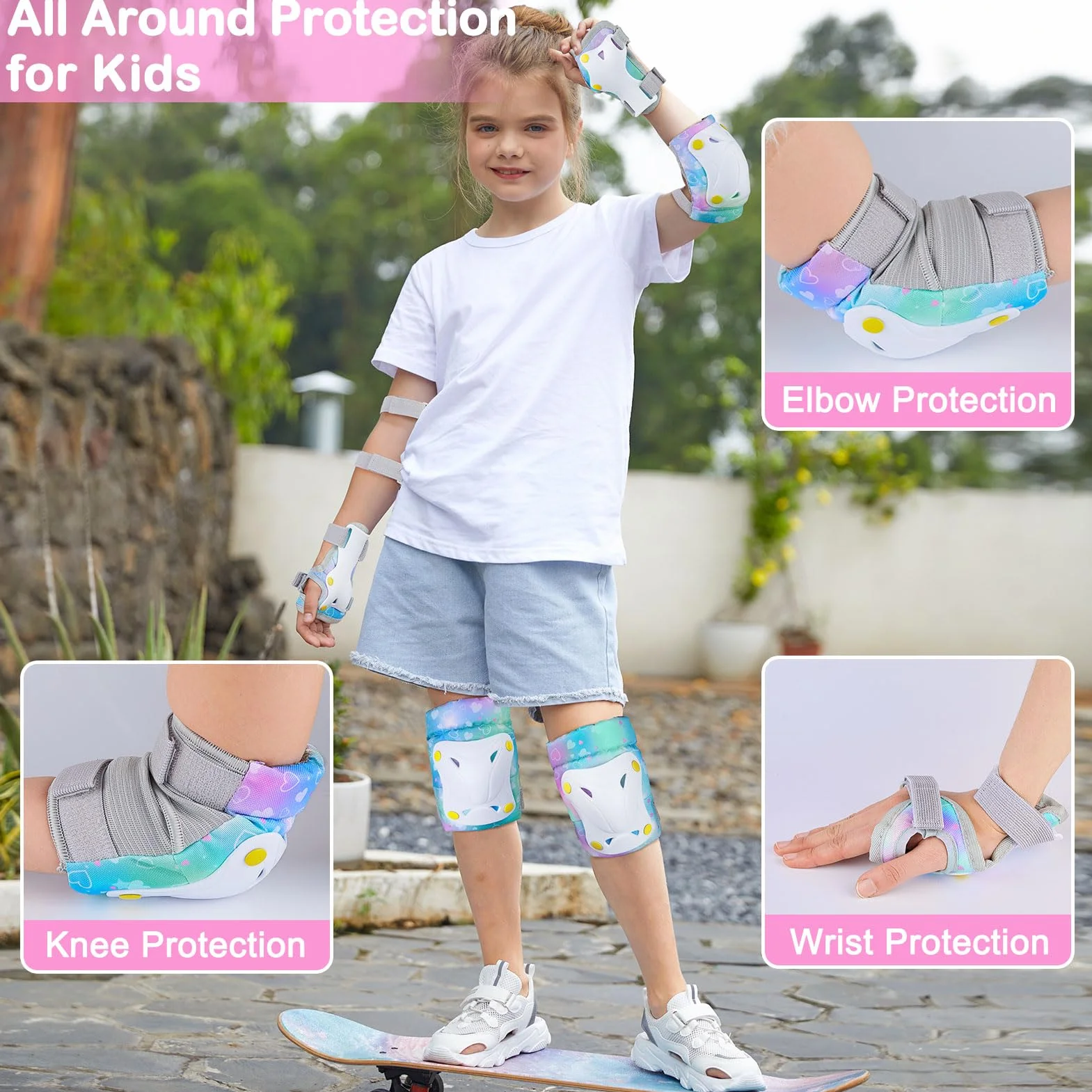 Unicorn Castle Rodilleras y Coderas de Unicornio para niños y niñas, Juego de Equipo de protección Ajustable 6 en 1 con Bolsa de cordón, 3-8 años
