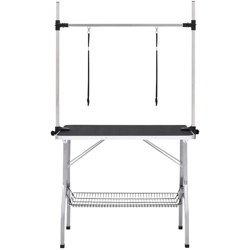 Mesa de corte ajustable para perros y gatos con 2 trabillas, cesta plegable, superficie antideslizante, horca de altura ajustable, patas de acero, ideal para el aseo y el corte