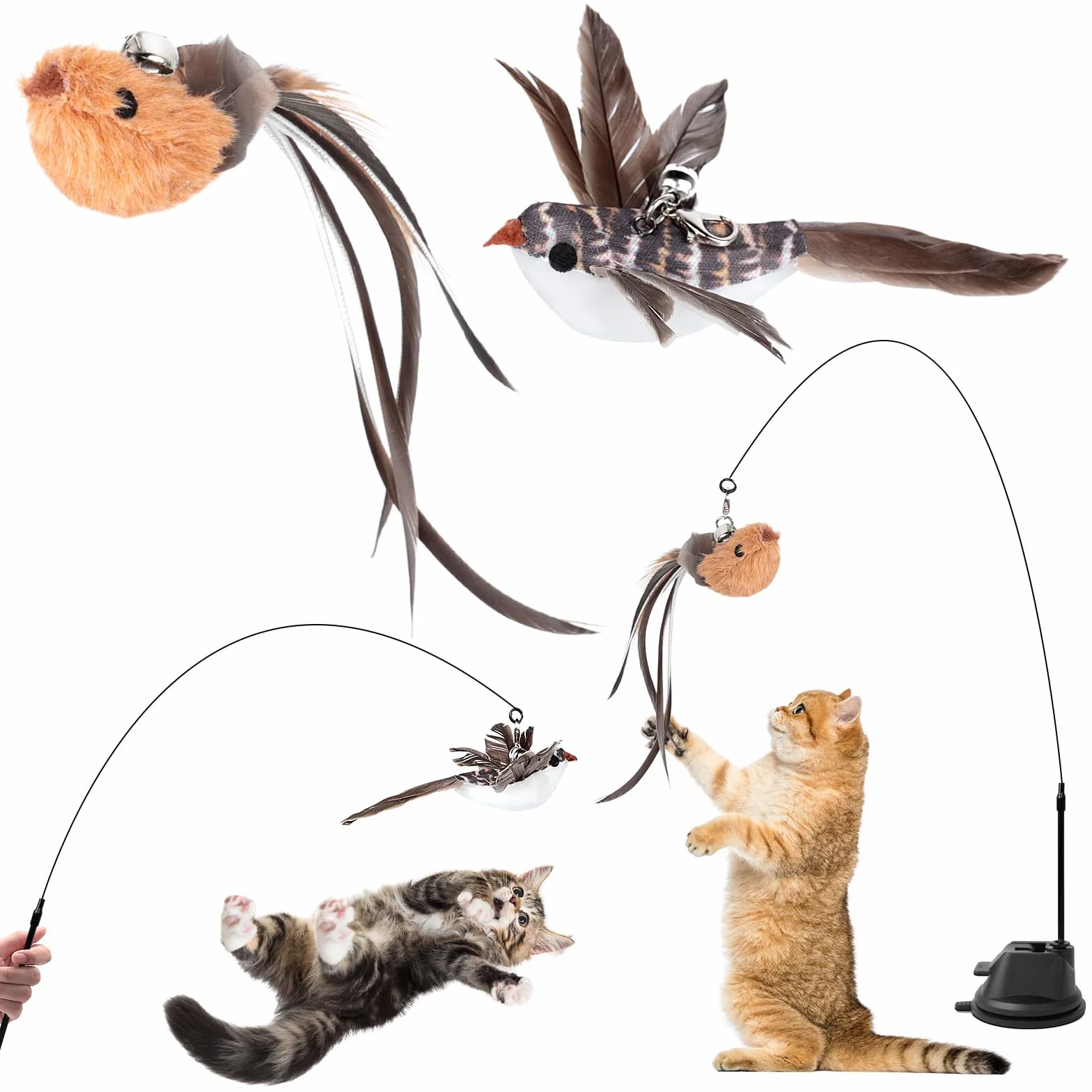 AiQInu 4 Piezas Juguetes para Gatos, Interactivo Juguete Gato con Ventosa, 1 Caña de Pescar para Gatos con 2 Campanas para Pájaros, Cat Toys Varita Mágica