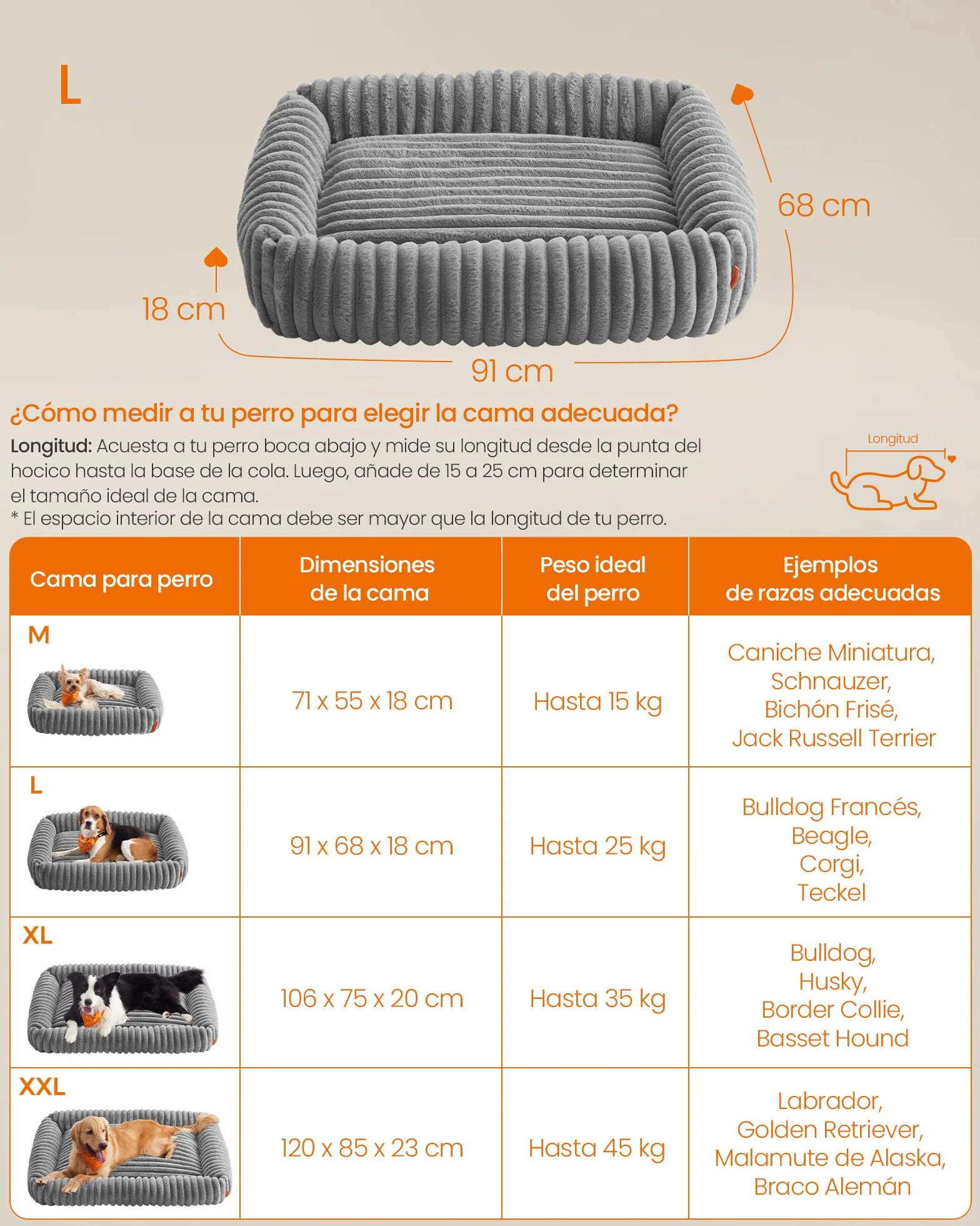 Feandrea Cama para Perros, Cama Ortopédica Grande, Cojín Lavable, Colchoneta Mullida, Acolchado Suave, 91 x 68 x 18 cm, Gris Paloma PGW312GD01