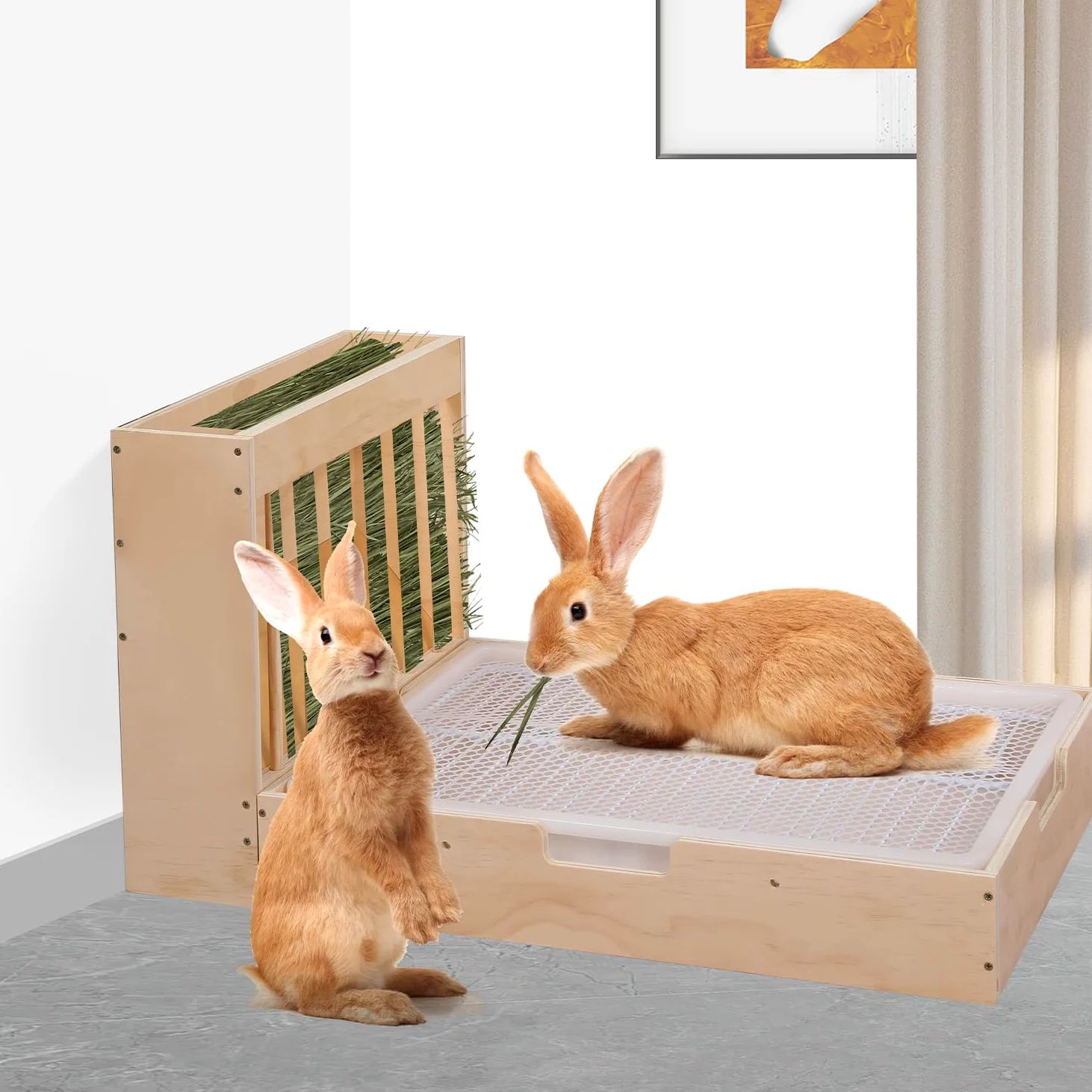 Juego de comedero de heno y caja de arena 2 en 1 extragrande para conejos, madera, a prueba de desorden, para cobayas, chinchillas, hámsters y conejos