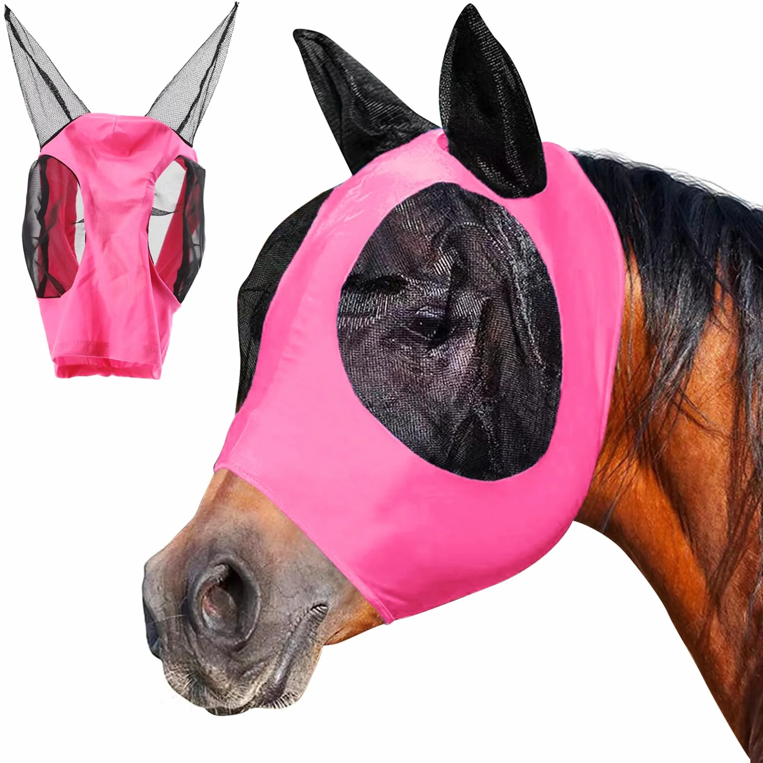 Máscara de mosca para caballos, cabestro con protección UV, gorro transpirable, shetty con orejas