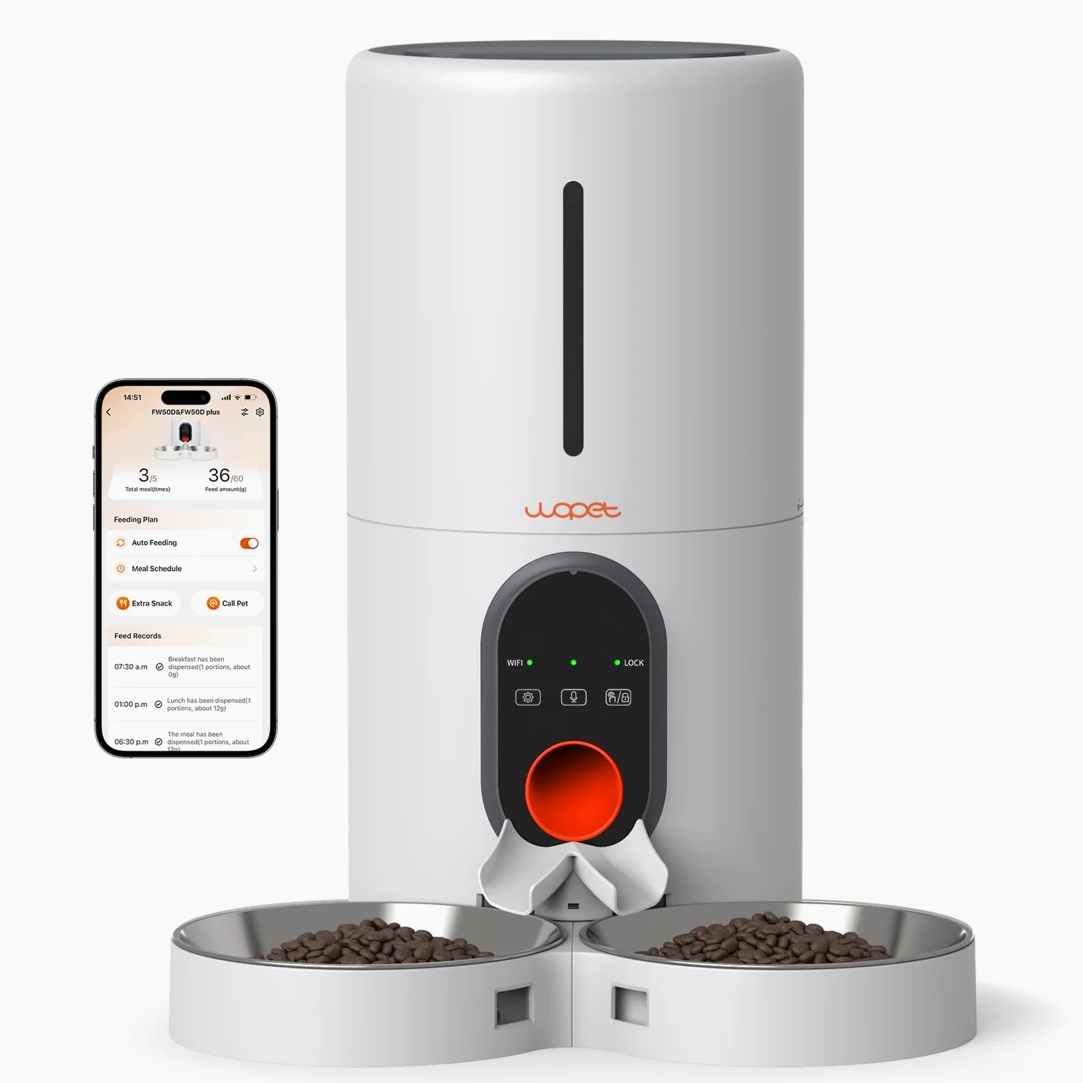 WOPET Comedero automático para gatos y perros, alimentador de mascotas WiFi 5G con control remoto, dispensador de comida para gatos de 6 litros con sensor de alimentos bajos, 1-10 comidas al día