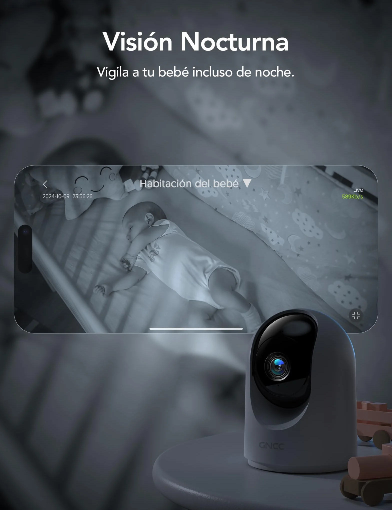 GNCC Camara Vigilancia WiFi Interior 355° PTZ 2K Cámara Vigilancia Interior con Seguimiento, para Adecuado para Bebés/Mascotas/Familia, Detección de IA, Audio Bidireccional, Visión Nocturna, 2,4GHz