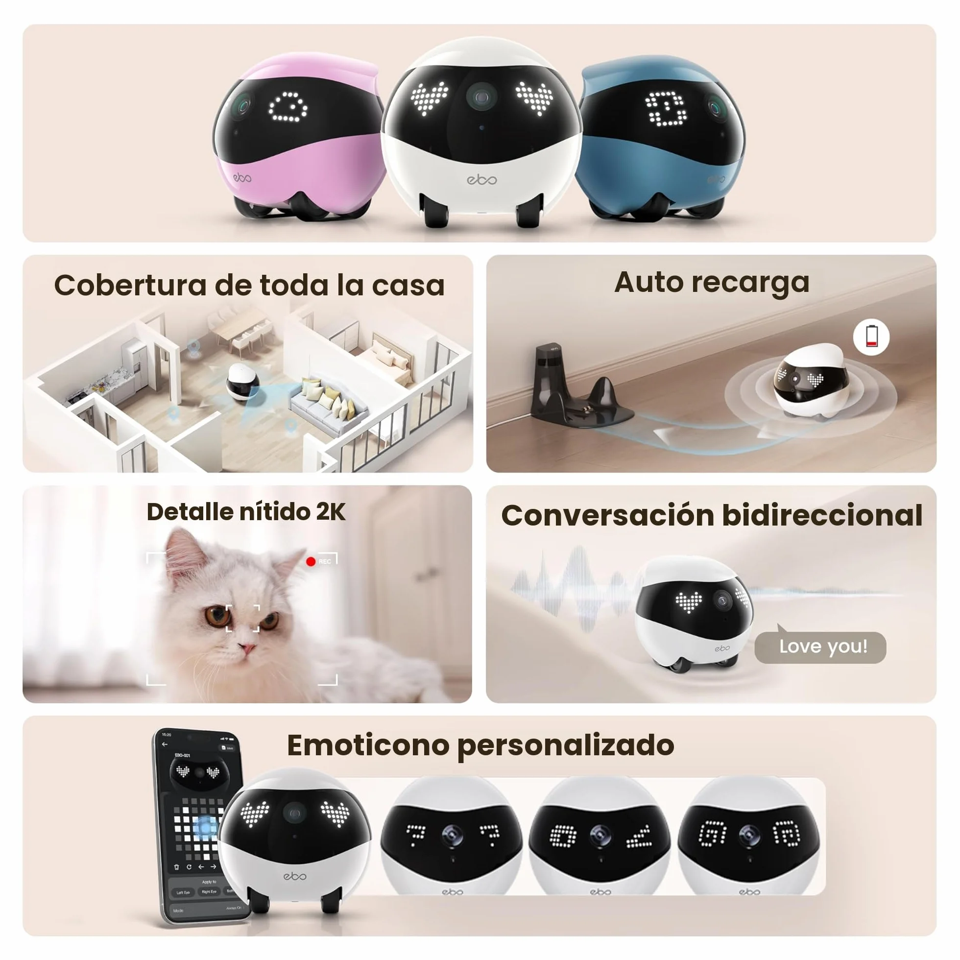 Enabot EBO Air 2 FamilyBot, cámara para mascotas con aplicación, 2 K cámaras móviles para animales de compañía con expresiones faciales personalizables, cámara inalámbrica para gatos con visión