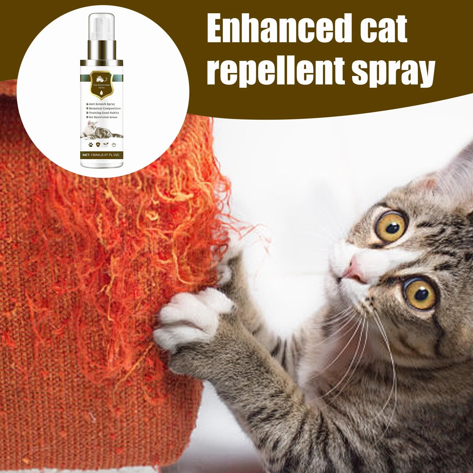 Spray Antigatos | 150ml Seguro Natural Antiarañazos - Control Interior Felino,Protege Neumáticos Sofás Alfombras Césped Patio Balcón Terraza Piscina