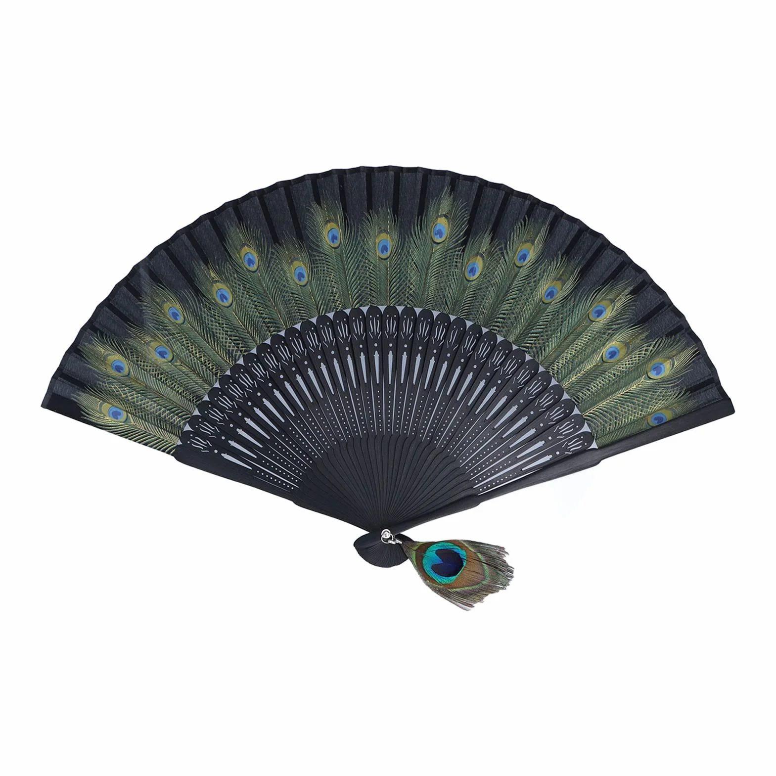 Abanico de Mano de Bambú Antiguo Plegable con Patrón de Pavo Real para Decoración de Pared