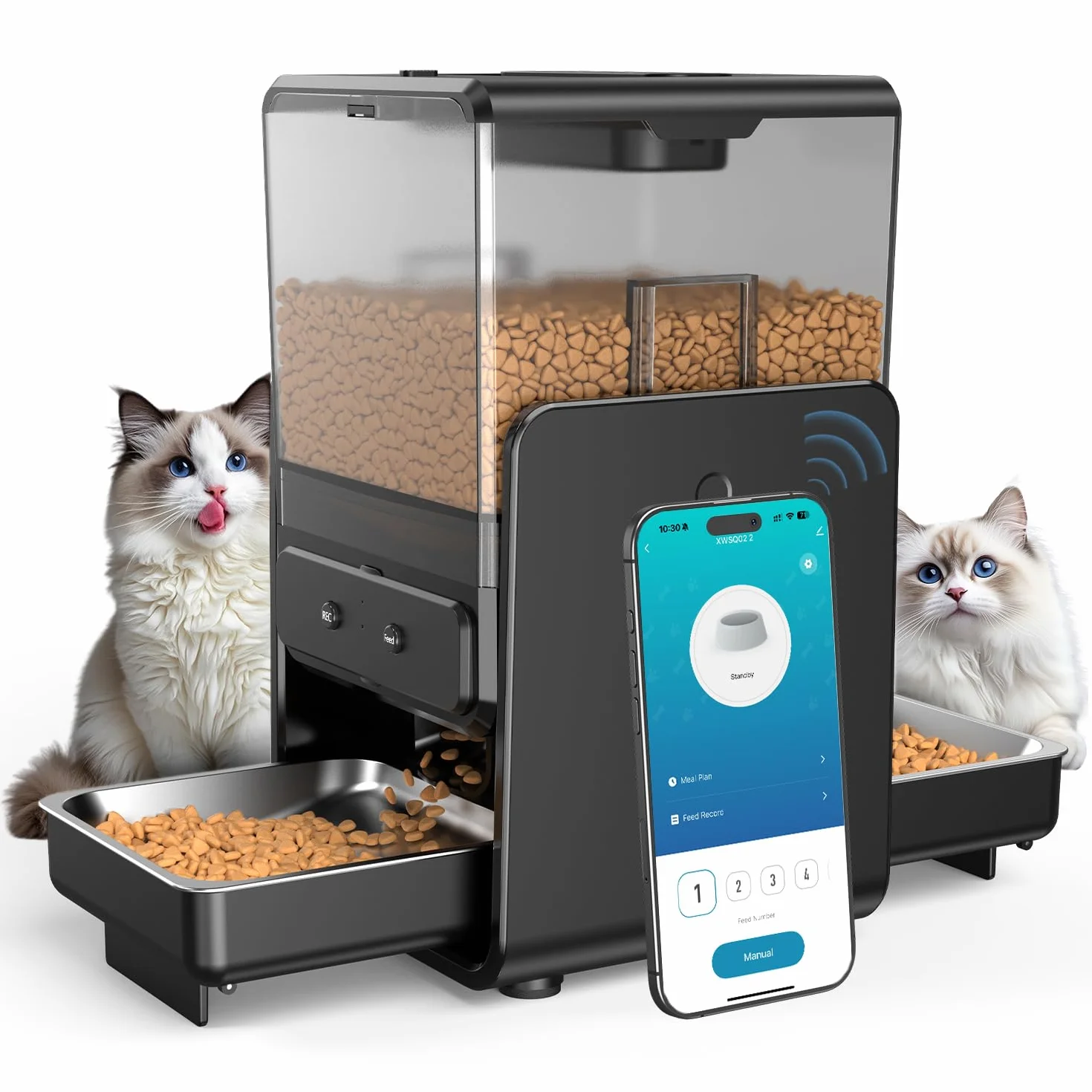 Comedero Gato Automatico con Control App para 2 Gatos, Altura Ajustable para Mascotas Pequeñas, Dispensador Comida Gatos de 5 litros para Alimento Seco, Grabadora de Voz