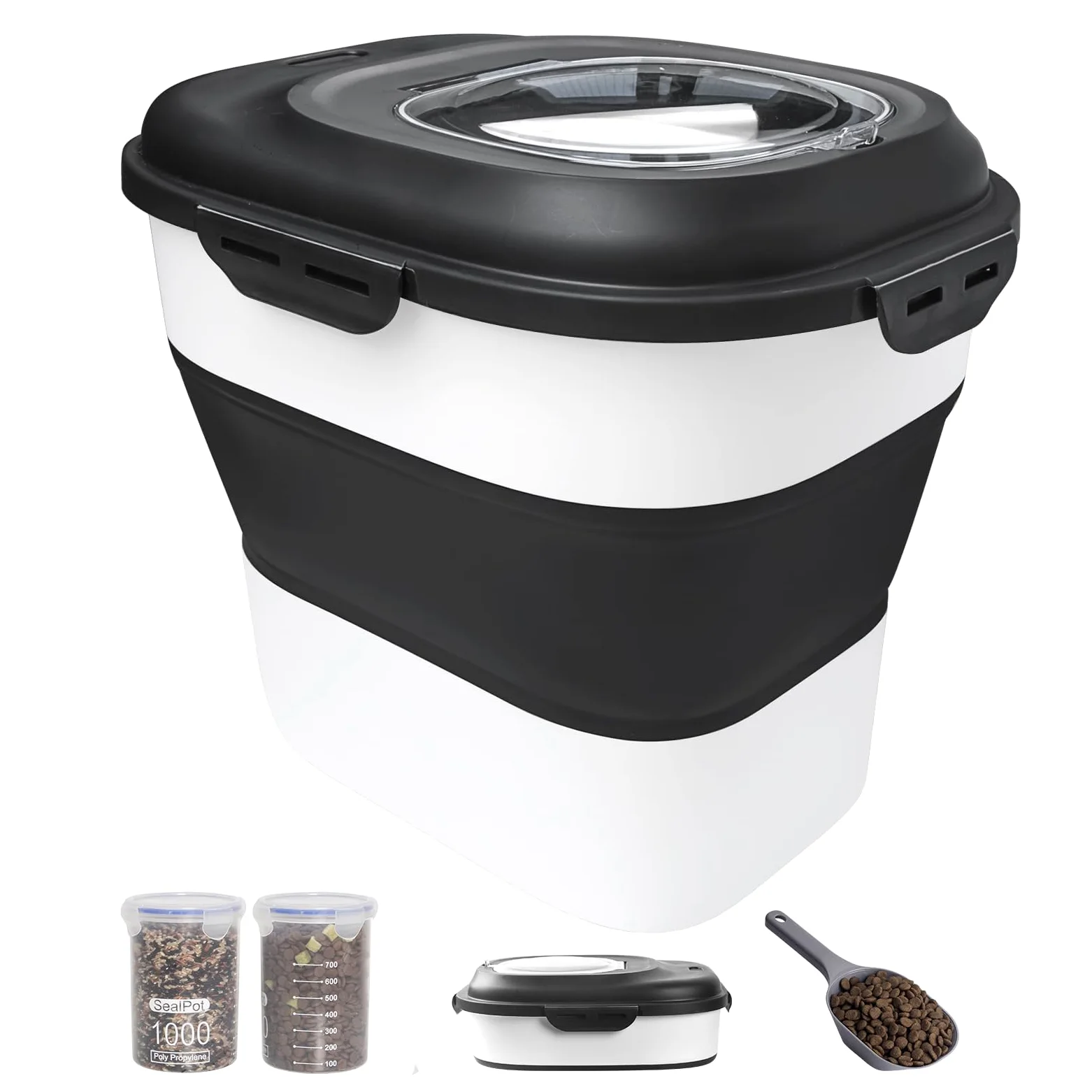 Contenedor plegable de almacenamiento de alimentos para perros de 30 a 35 libras con tapas herméticas, ruedas, cuchara y 2 recipientes de almacenamiento de alimentos, almacenamiento grande de
