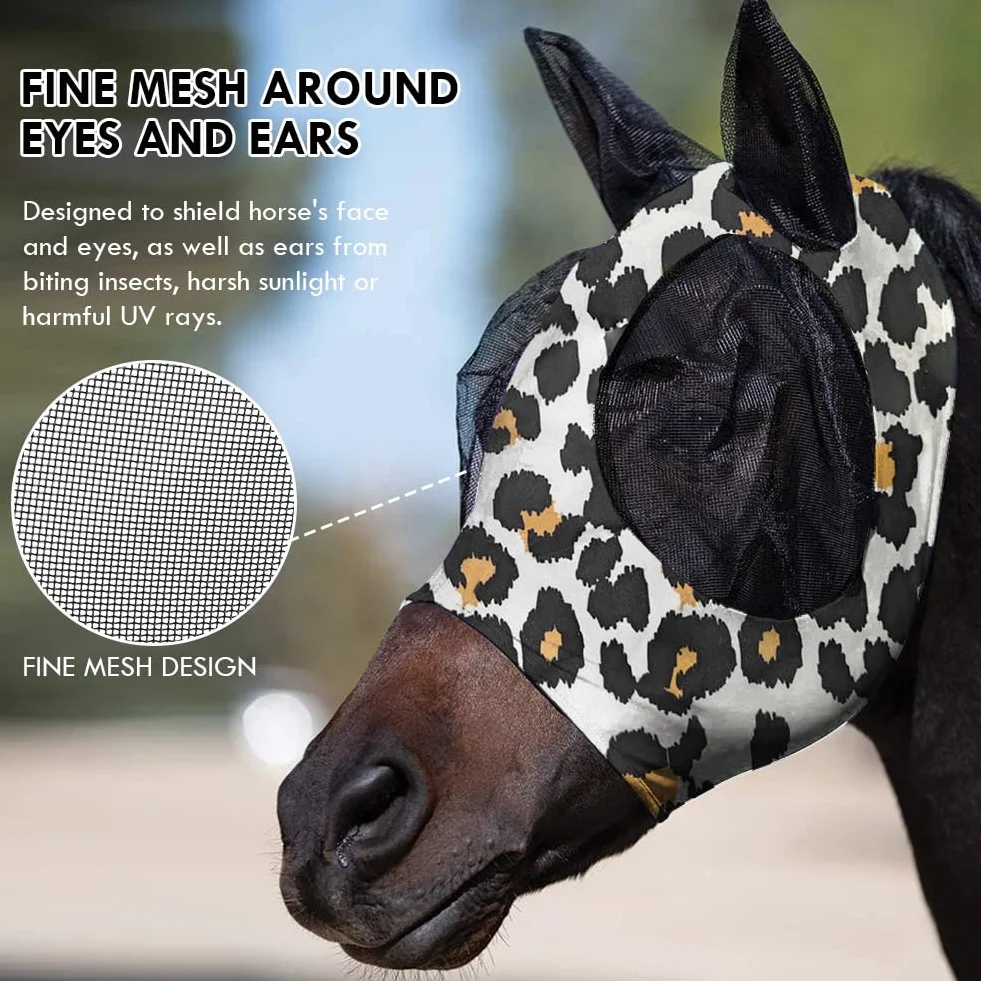 Máscara Antimoscas para Caballos con Orejeras, Estampado de Leopardo, Anti-UV, Malla Transpirable