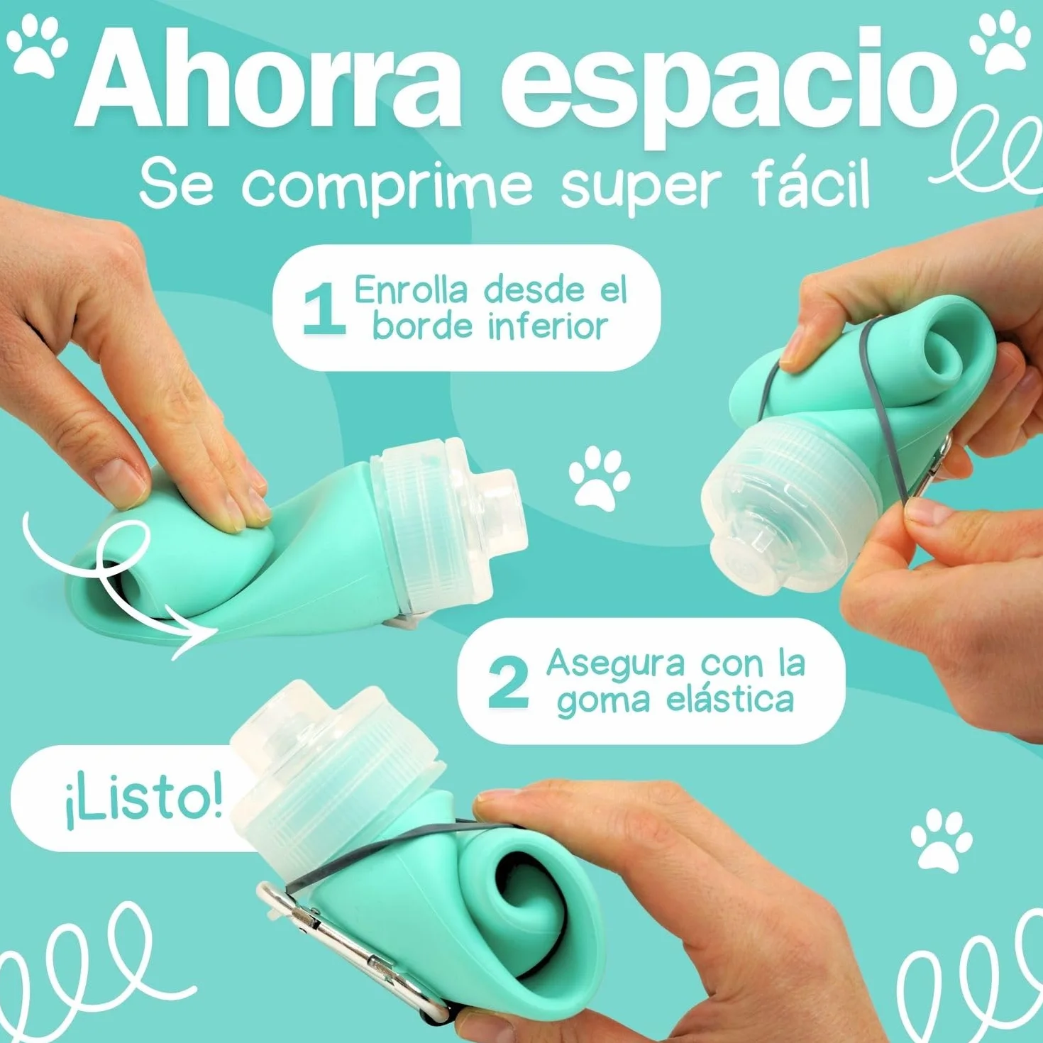 Botella Pipi Perros Silicona Plegable 400ml + Mosquetón + Goma Elástica + Cinta Ajustable 18cm | Botella Pipi Perros Calle con Chorro a Presión Controlable Antigoteo y Portátil (Verde Menta)