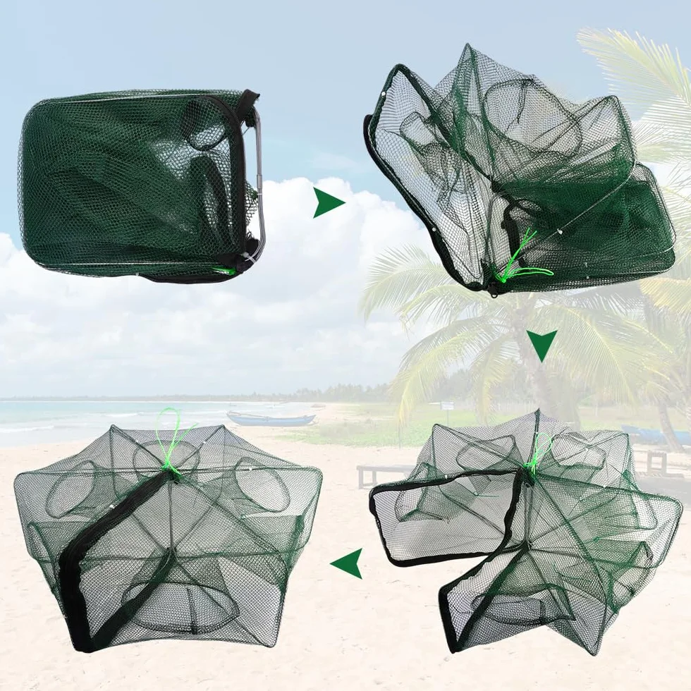Trampa de Pescado 58×22cm Nailon Red Plegable Portátil 6 Agujeros para Anguilas Cangrejos Camarones