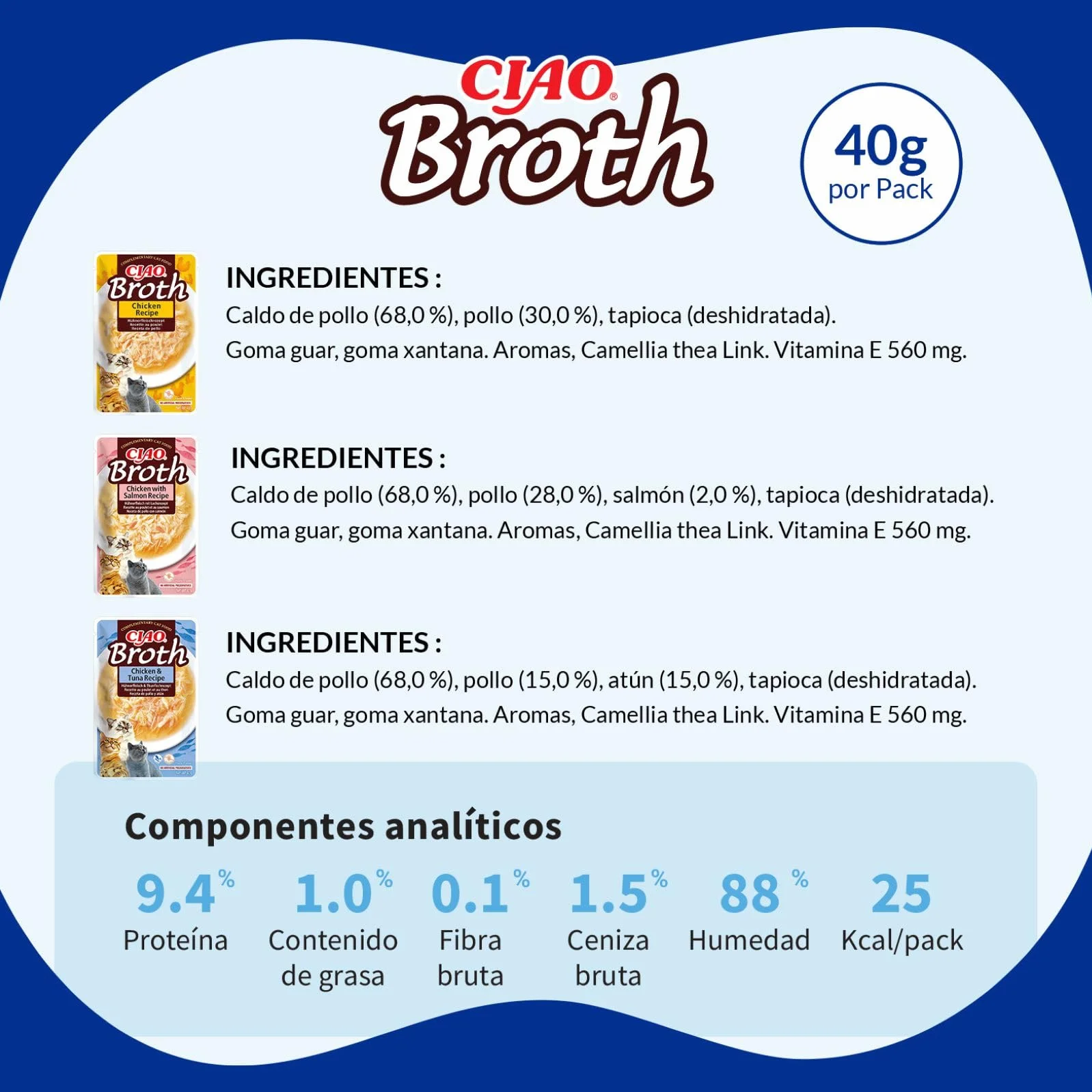 INABA Ciao Broth Gatos - Receta Saludable de Caldo de Pollo, 3 Sabores Diferentes - Comida Húmeda con Tiras de Pollo, Salmón y Atún - Natural, sin Cereales - 960g (24 Sobres x 40g)