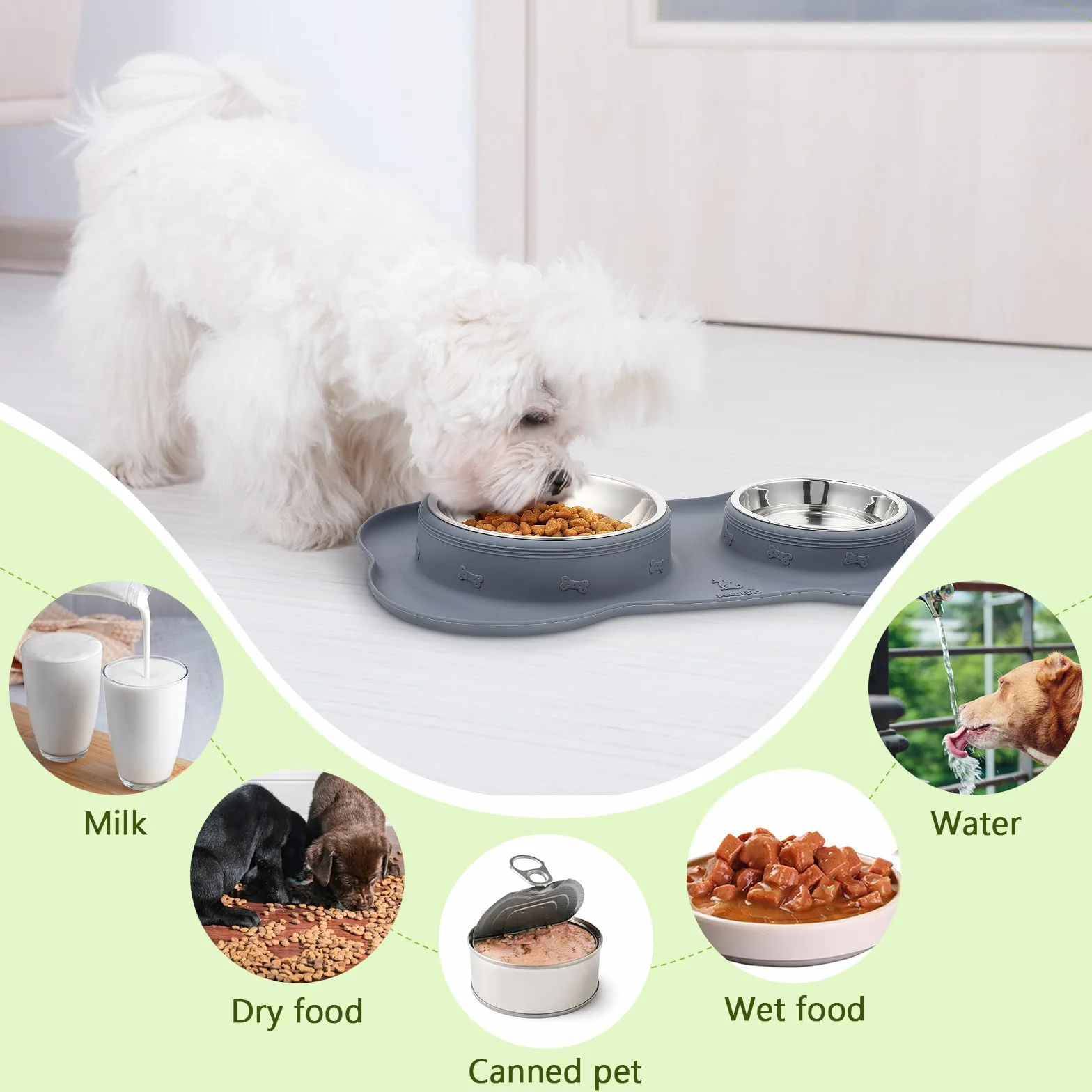 Pecute Comedero Perro y Gato, 3-in-1 Bebedero para Gatos Perros, Mascotas Pequeño de Acero Inoxidable Extraíble de Acero, Base de Silicona Antideslizante (400ml/13.5oz + 200ml/6.8oz)