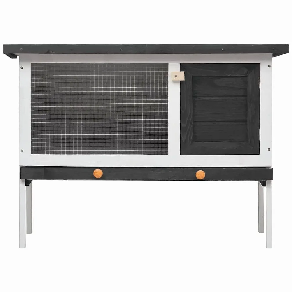 Conejera de madera de 1 nivel, conejera para animales pequeños, con bañera extensible y techo plegable, jaula para conejos, color gris y blanco, 90 x 45 x 65 cm