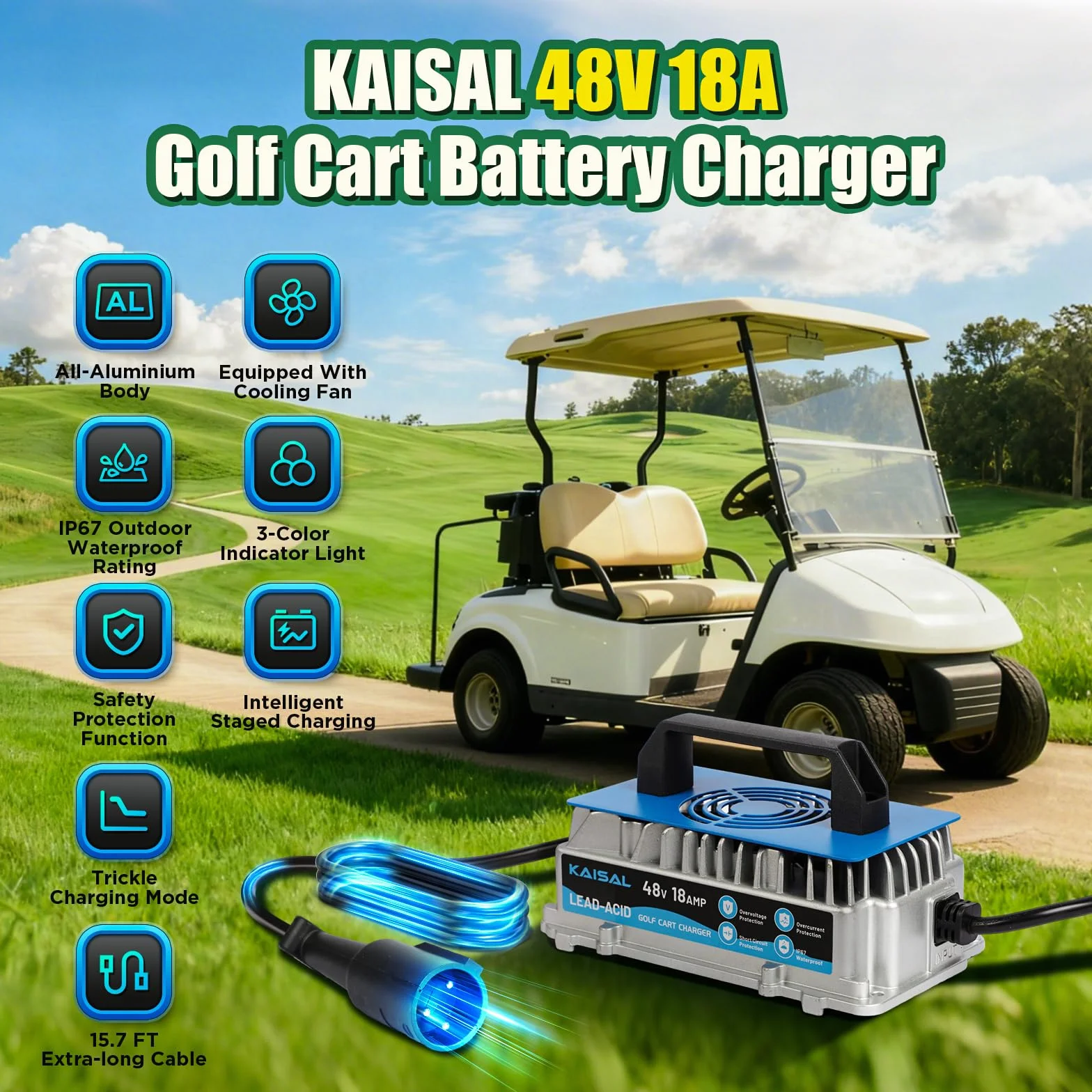 KAISAL 48V 18A Cargador para Carritos de Golf, Cargador de Baterías IP67 Impermeable