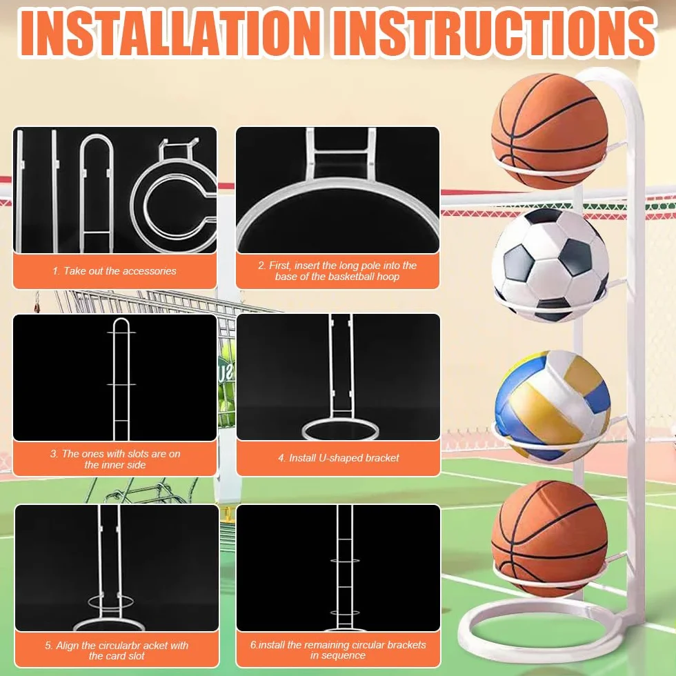 Soporte vertical para balones de metal, estante de 4 niveles para voleibol, baloncesto, fútbol (blanco)