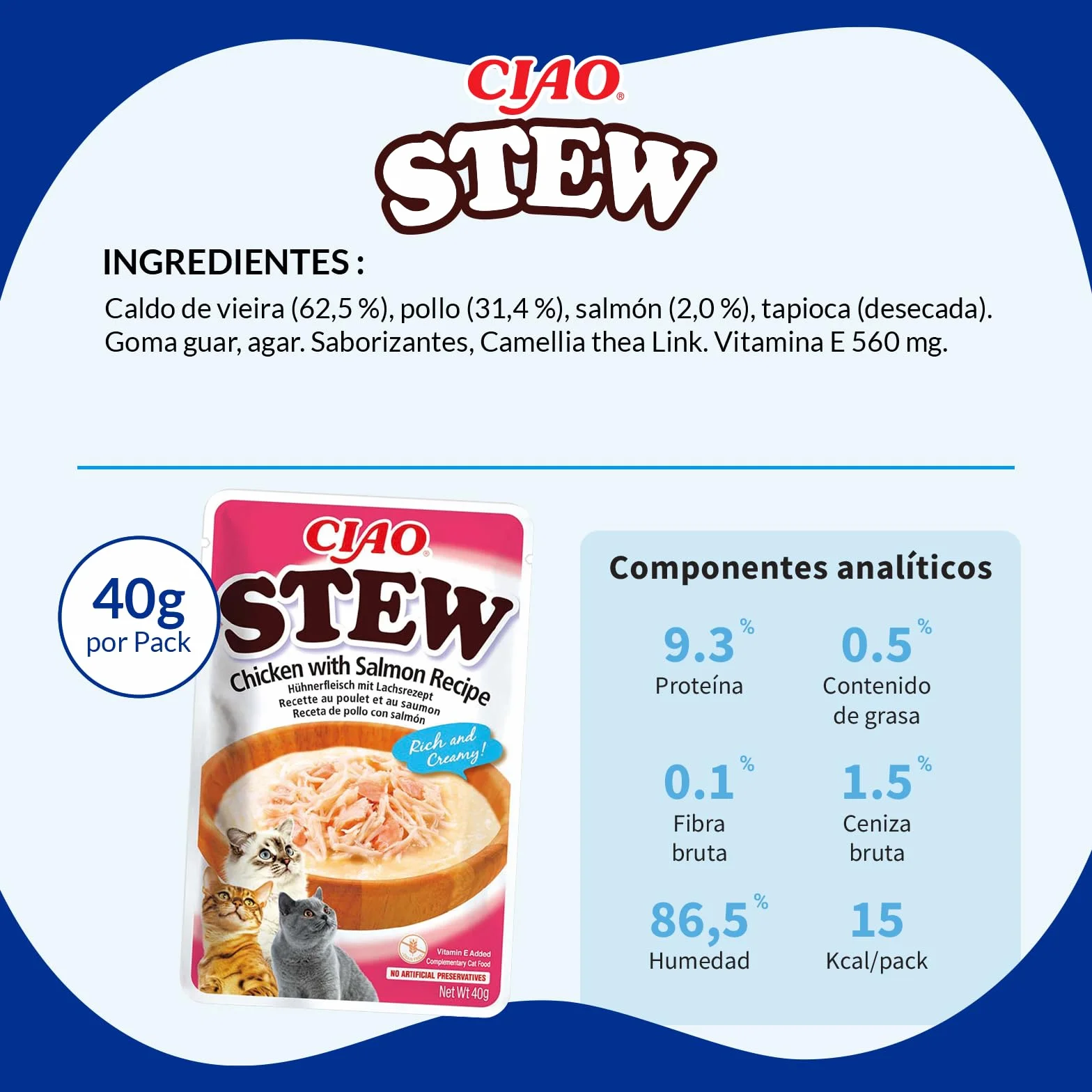 INABA Ciao Stew - Guiso Saludable para Gatos - Snacks, Receta de Pollo con Salmón - Premios Ricos y Cremosos - Sin Cereales, Conservantes, Colorantes - Pocas Calorías - 40g
