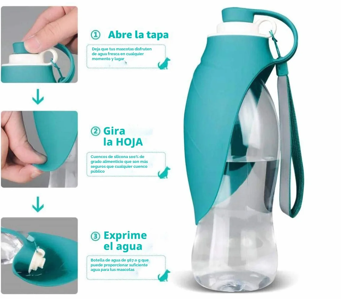 Botella de Agua portátil de Viaje para Perros, Tapa Plegable como Cuenco, Botella de Silicona, Exterior, 580 ml (Azul)