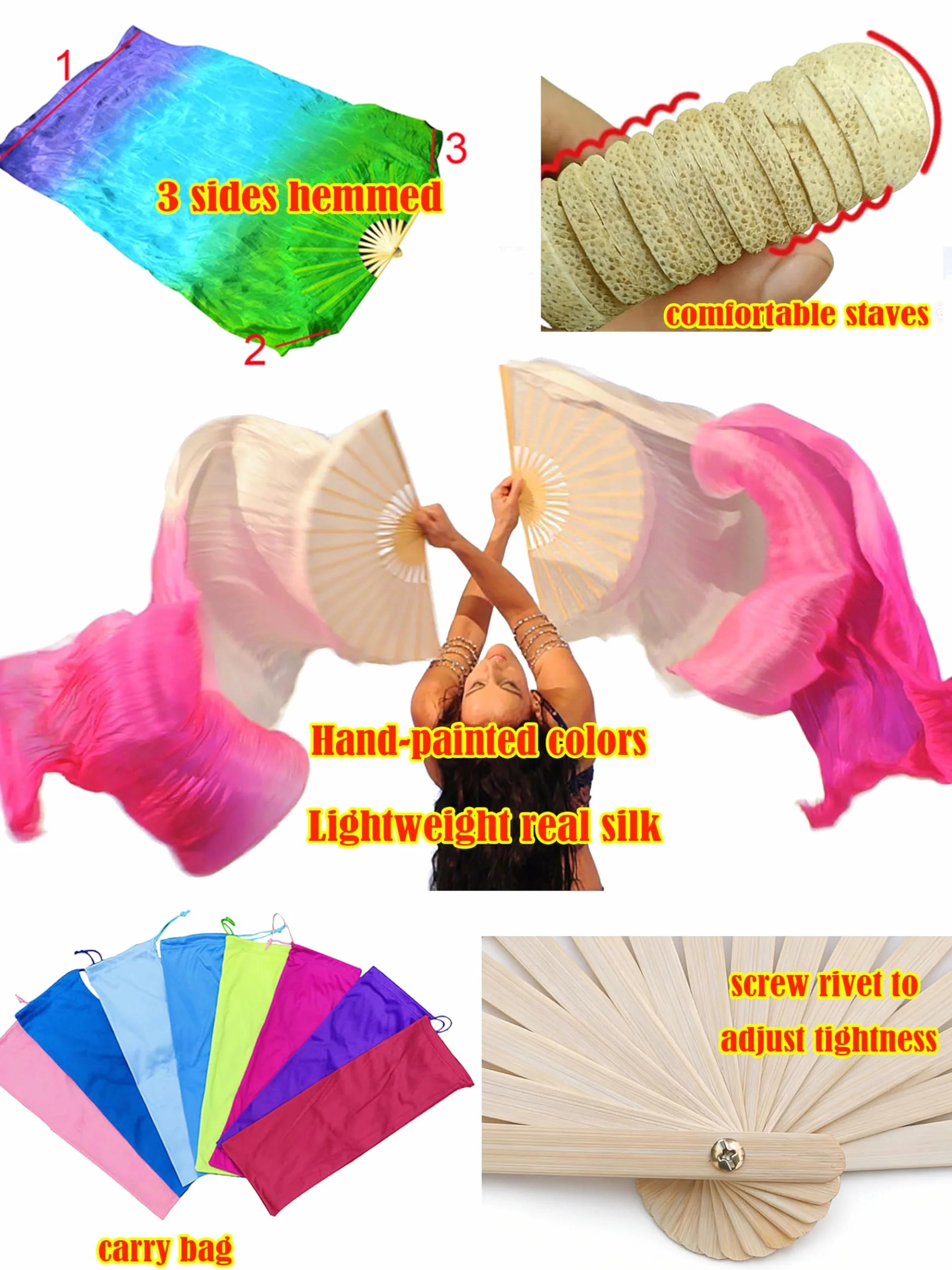 Winged Sirenny Abanicos Velos Seda Natural 180 cm Danza del Vientre Pintados a Mano Mango Bambú Ajustable 2 Unidades