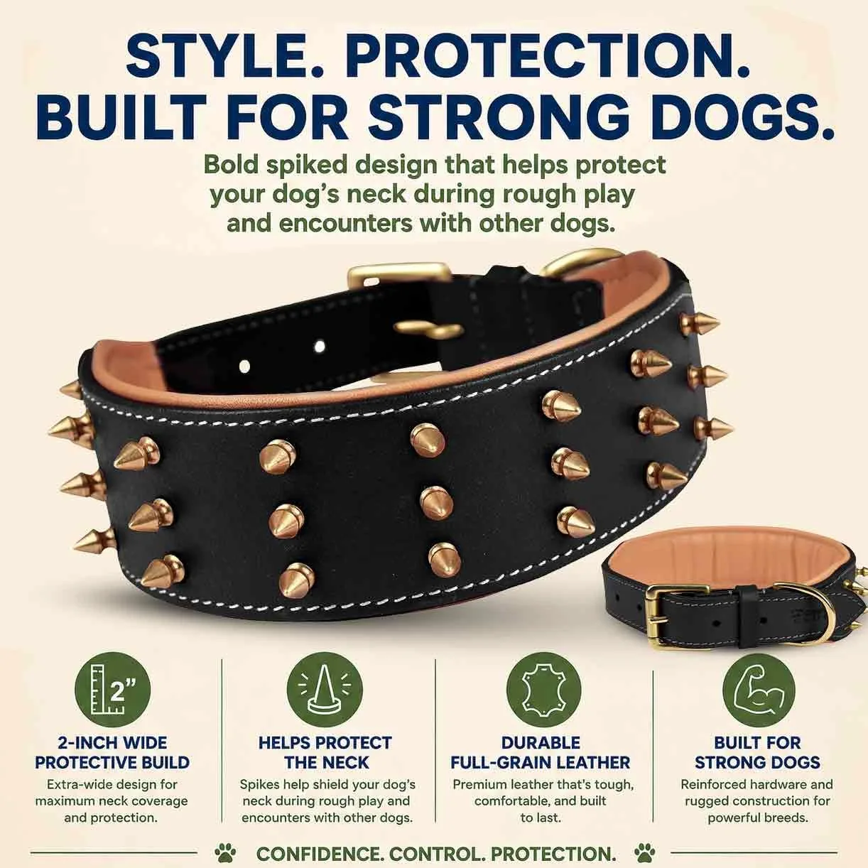 Collar de Cuero con Pinchos para Perros Grandes, Collar de 5 cm de Ancho para Perros Grandes, Collar de Perro Negro, auténtico, de Grano Completo, Resistente, cómodo, Acolchado, (L (para