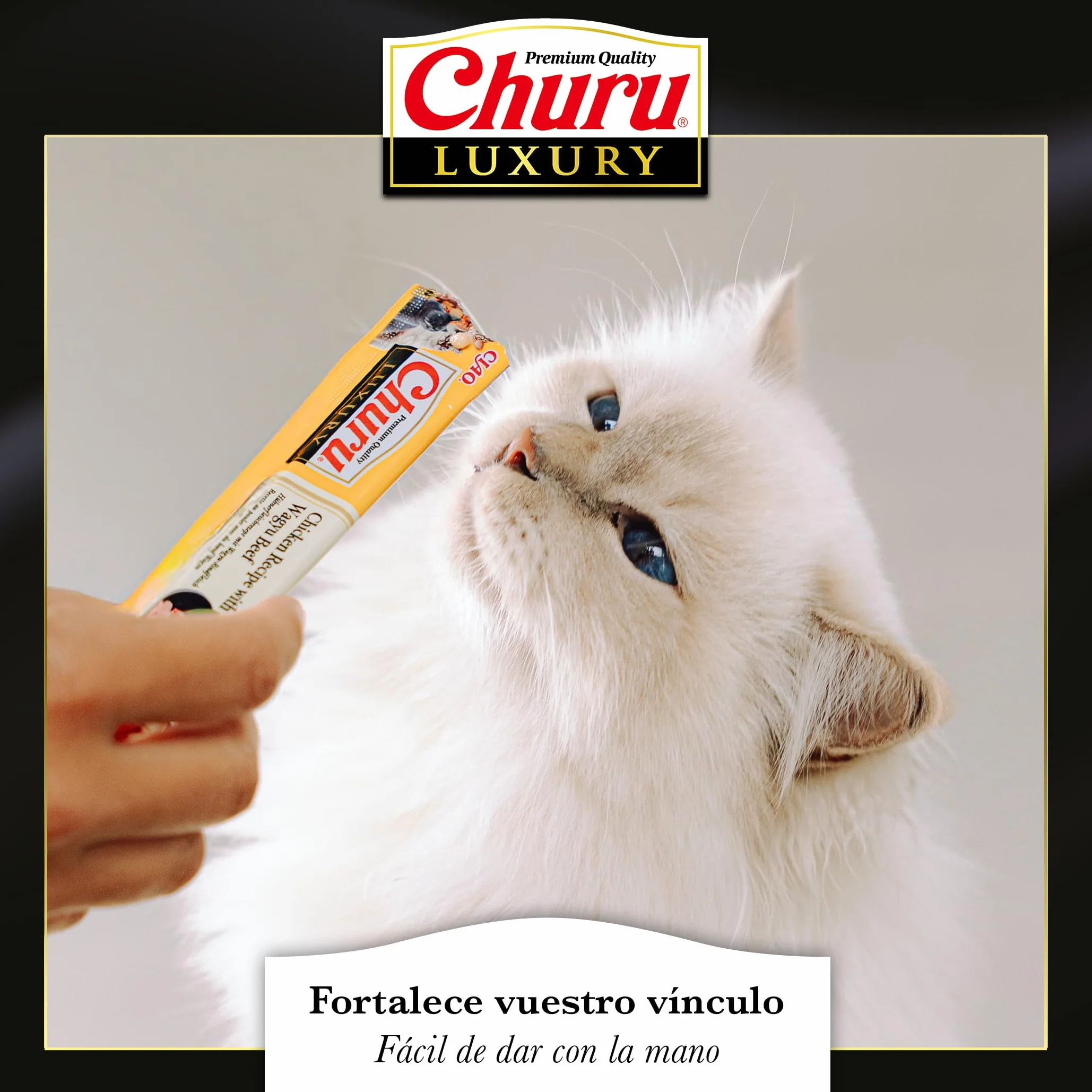 INABA Churu Luxury Gatos - Receta Saludable de Pollo y Carne de Wagyu - Deliciosos Premios con Textura Suave y Cremosa - Natural, Sin Cereales, Sin Colorantes-56g (4 Tubos x 14g)