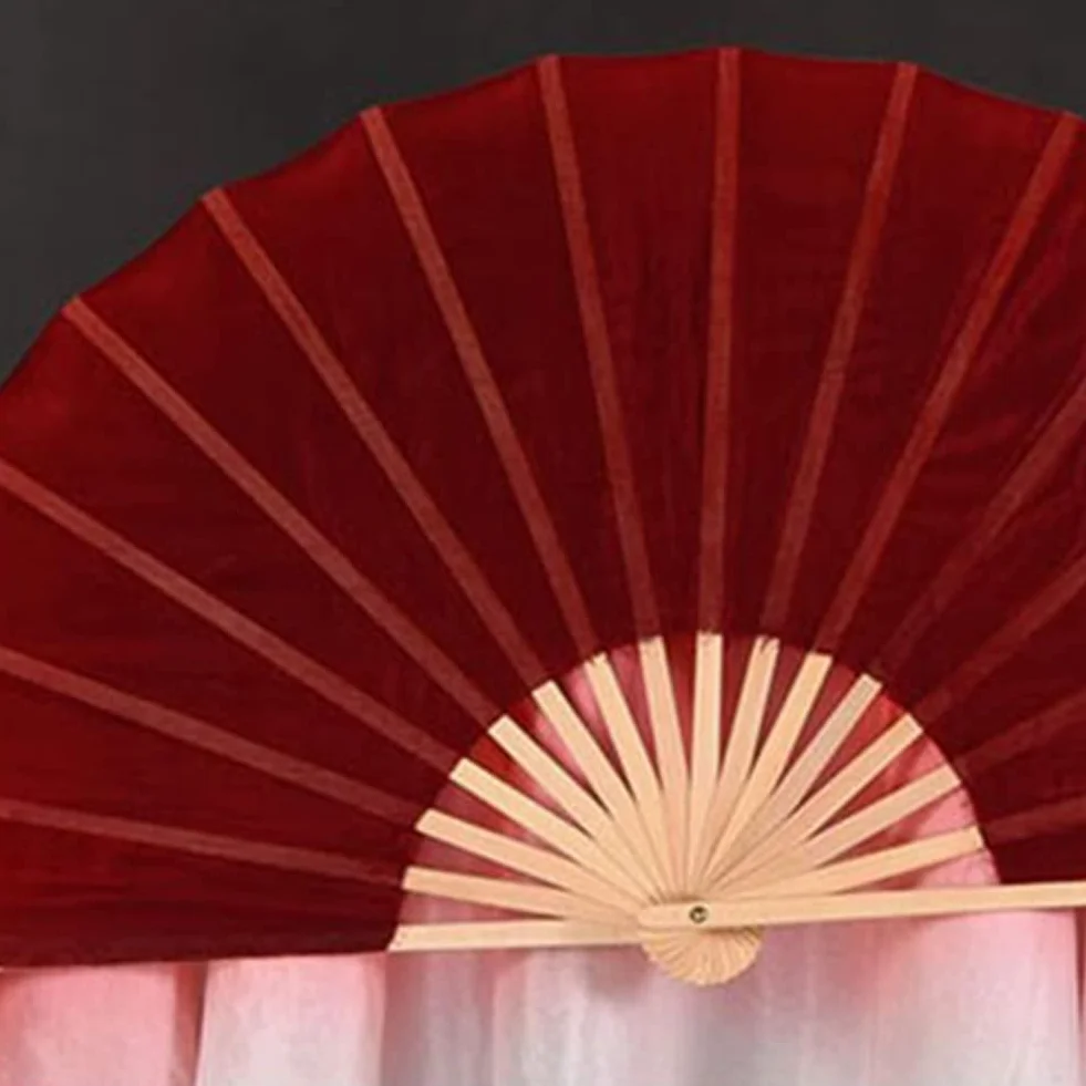 Velos de Abanico Doble de Medio Círculo Rojo Seda para Danza Folclórica Mujer 1 Par